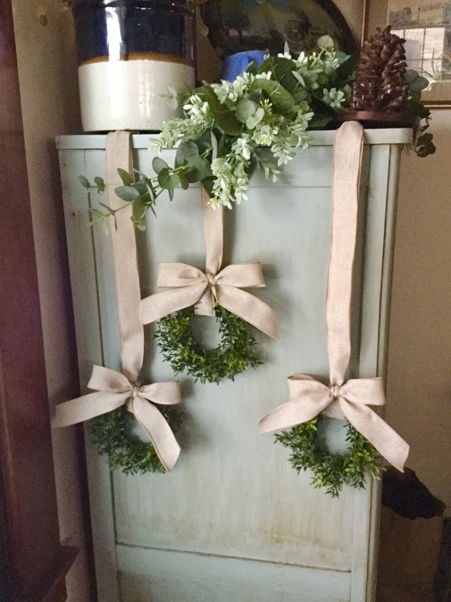 Boxwood Wreath, Boxwood Candle Wreath, Mini Wreath, Farmhouse Wreath, Window Wreath, kitchen Cabinet Decor