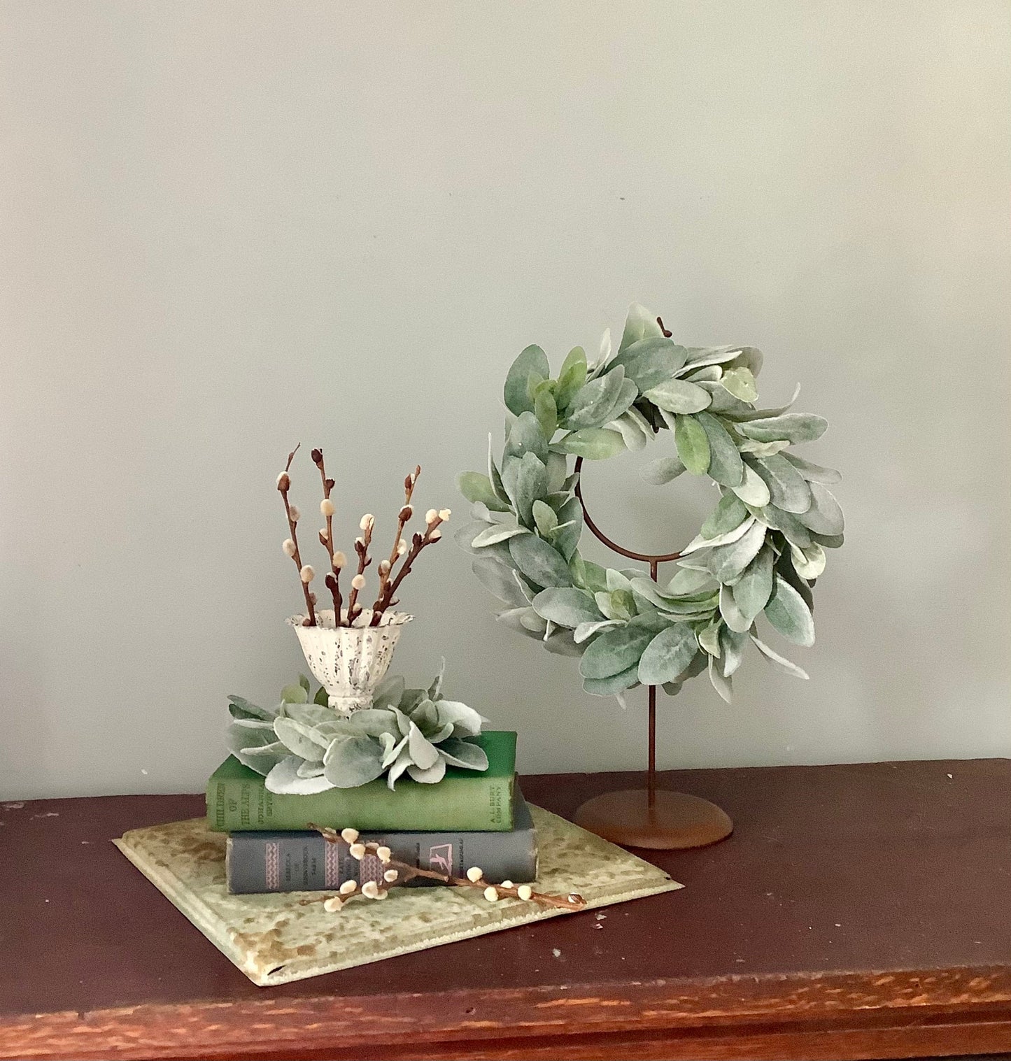 Lambs Ear Wreath, Wedding Decor, Kitchen Cabinet Decor, Greenery Wreath, Mini Window Wreath, Farmhouse Decor