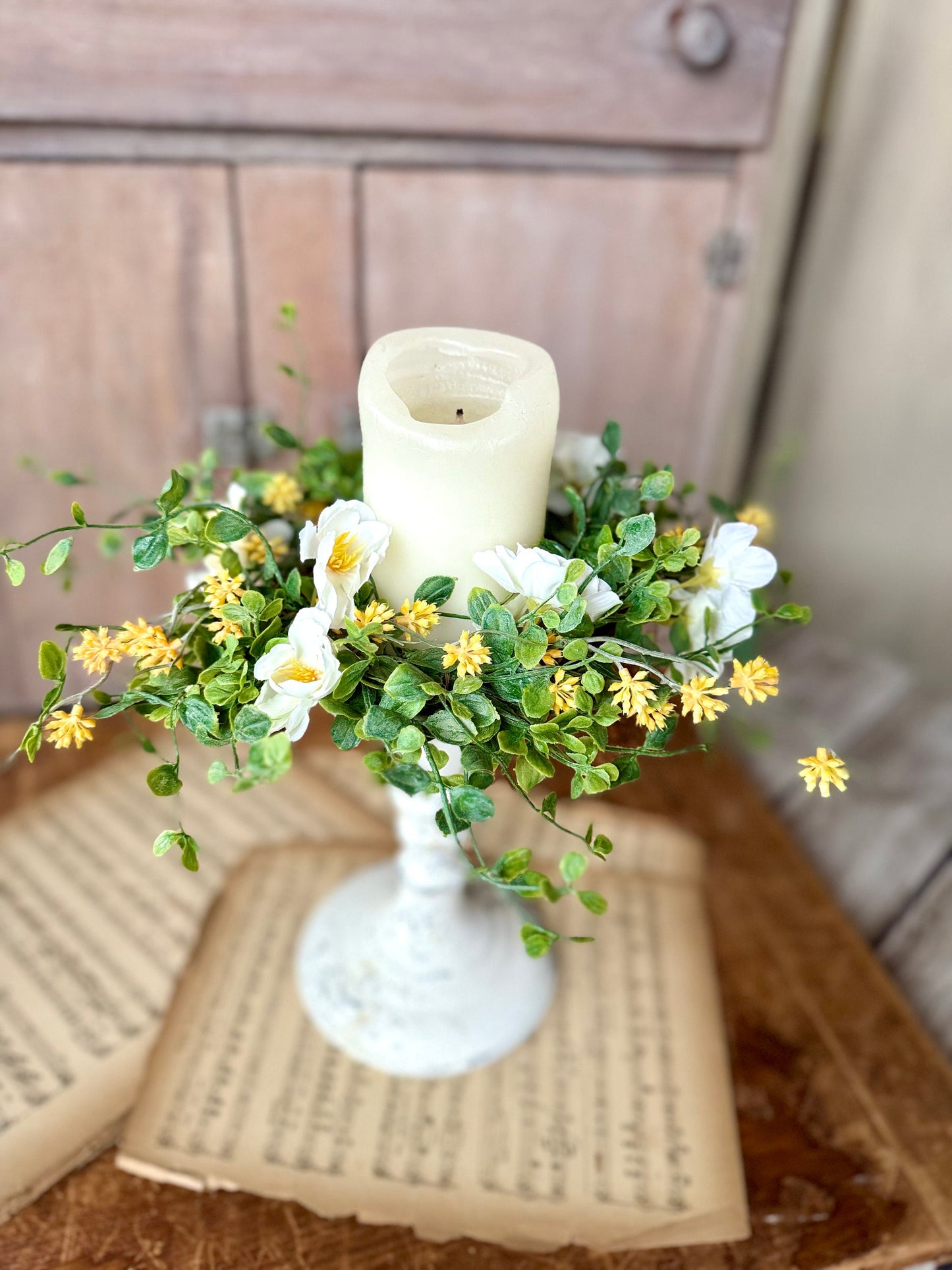 White Flower Candle Wreath, Yellow White Table Wreath, Kitchen Cabinets, Yellow Berry Wreath
