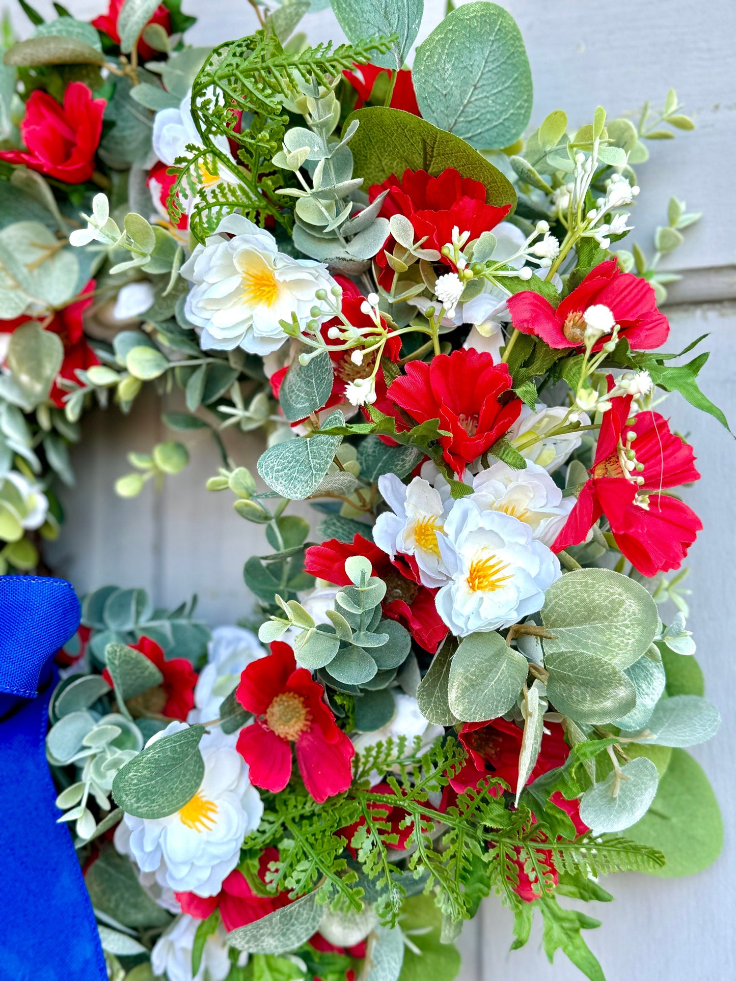 Summer Farmhouse Wreath, Red, White Blue Flower Wreath, Patriotic Wreath for Front Door, Everyday Wreath, Independence Day Decor