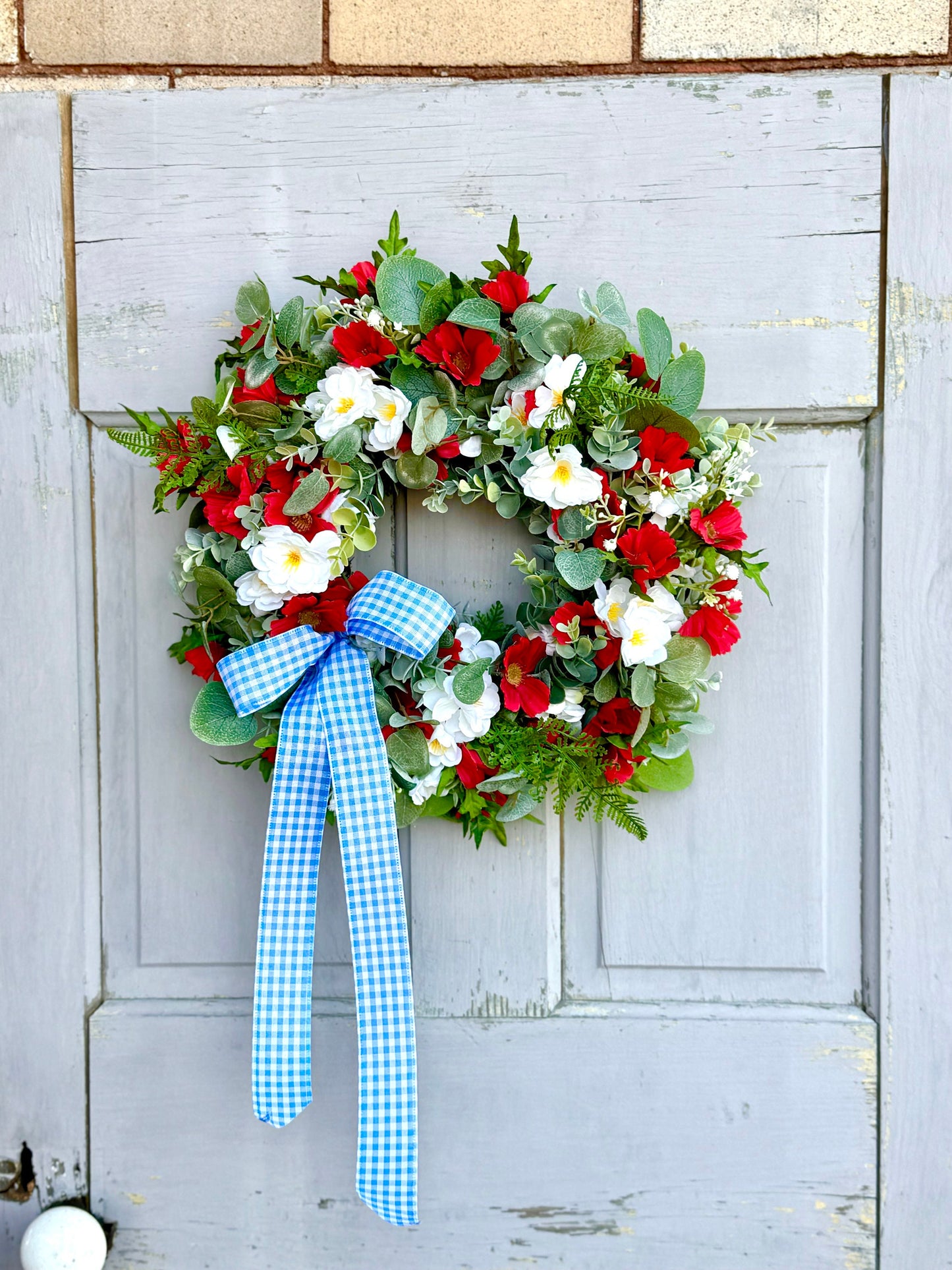 Summer Farmhouse Wreath, Red, White Blue Flower Wreath, Patriotic Wreath for Front Door, Everyday Wreath, Independence Day Decor