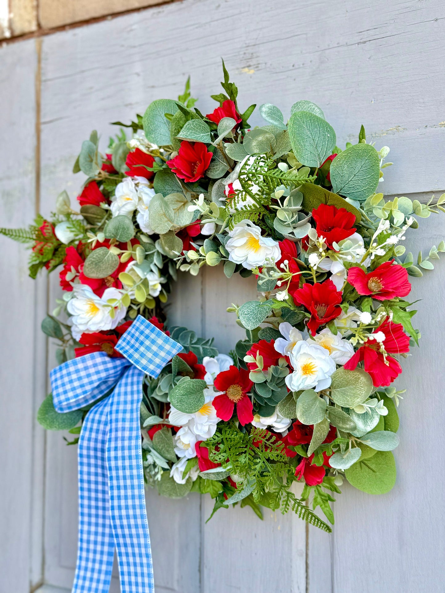 Summer Farmhouse Wreath, Red, White Blue Flower Wreath, Patriotic Wreath for Front Door, Everyday Wreath, Independence Day Decor