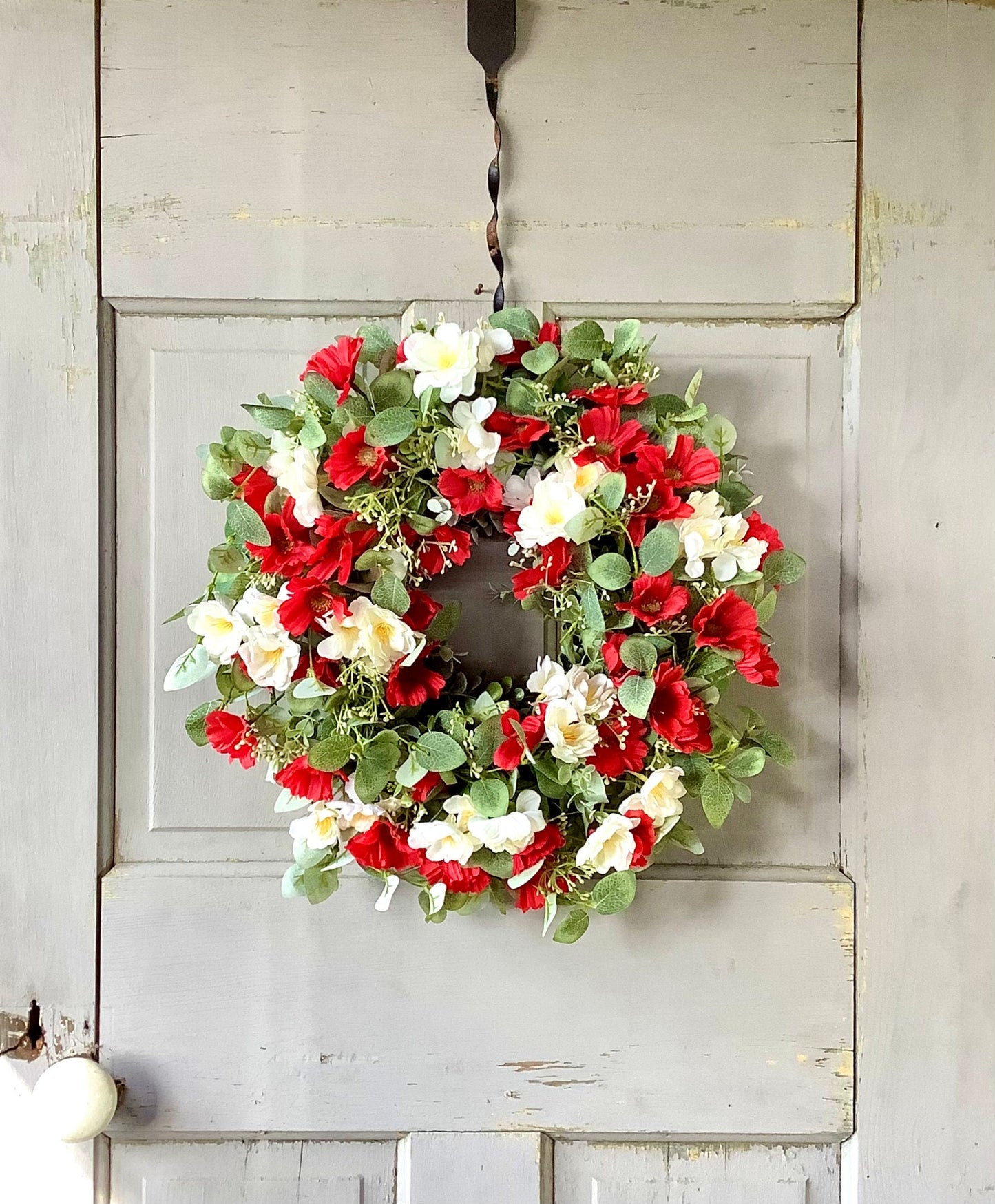 Summer Farmhouse Wreath, Red, White Blue Flower Wreath, Patriotic Wreath for Front Door, Everyday Wreath, Independence Day Decor