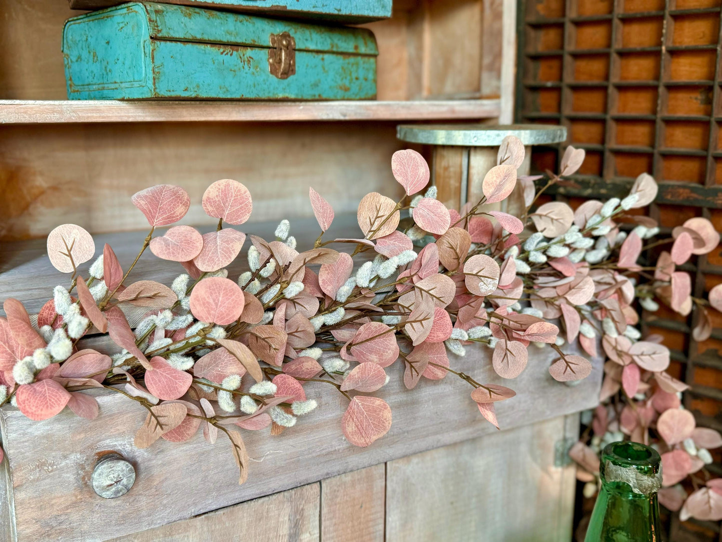 Pink Pussy Willow Garland, Pink Eucalyptus Garland for Mantle, Valentines Day Garland, Mothers Day Decor, Easter Garland