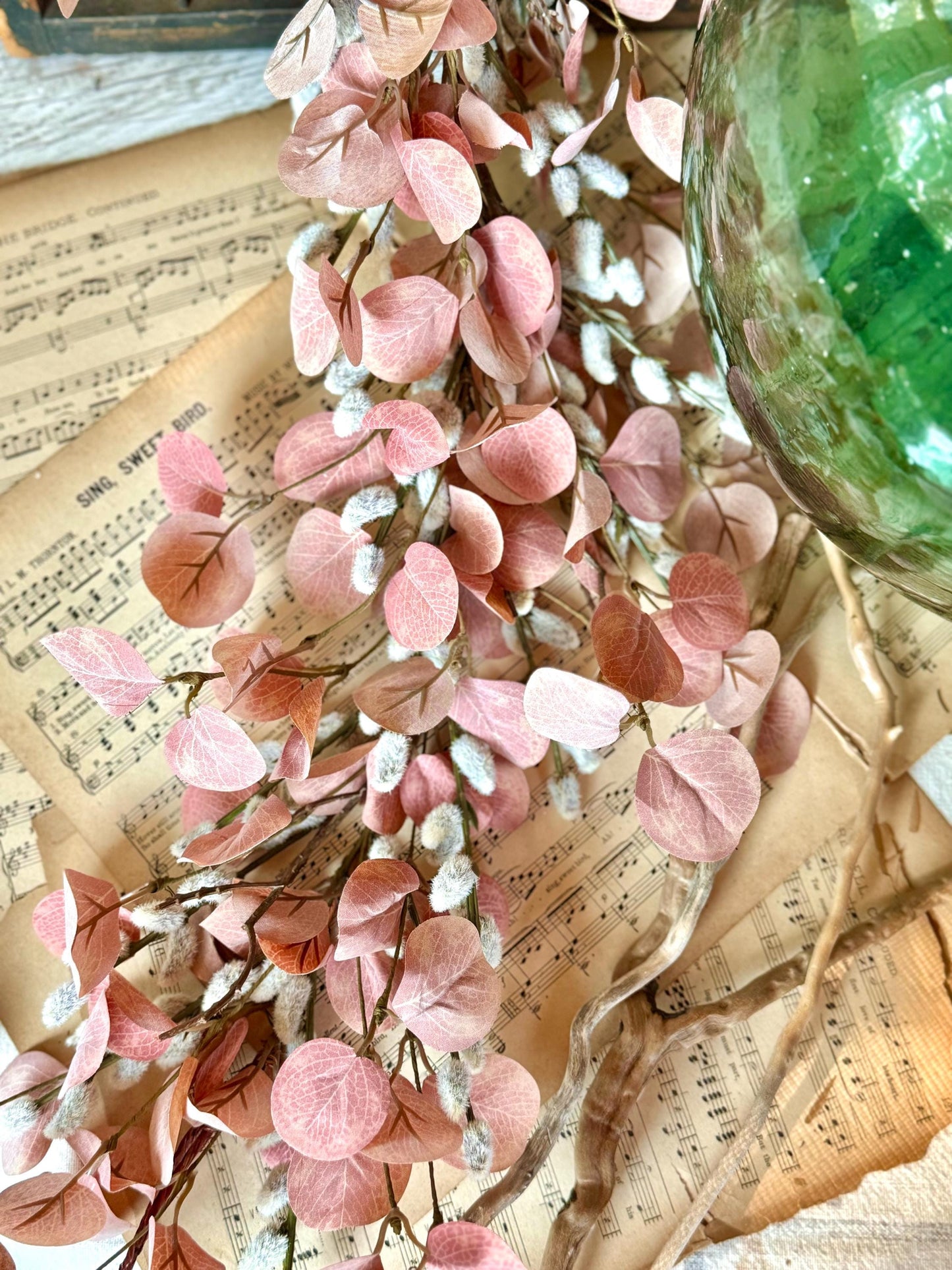 Pink Pussy Willow Garland, Pink Eucalyptus Garland for Mantle, Valentines Day Garland, Mothers Day Decor, Easter Garland
