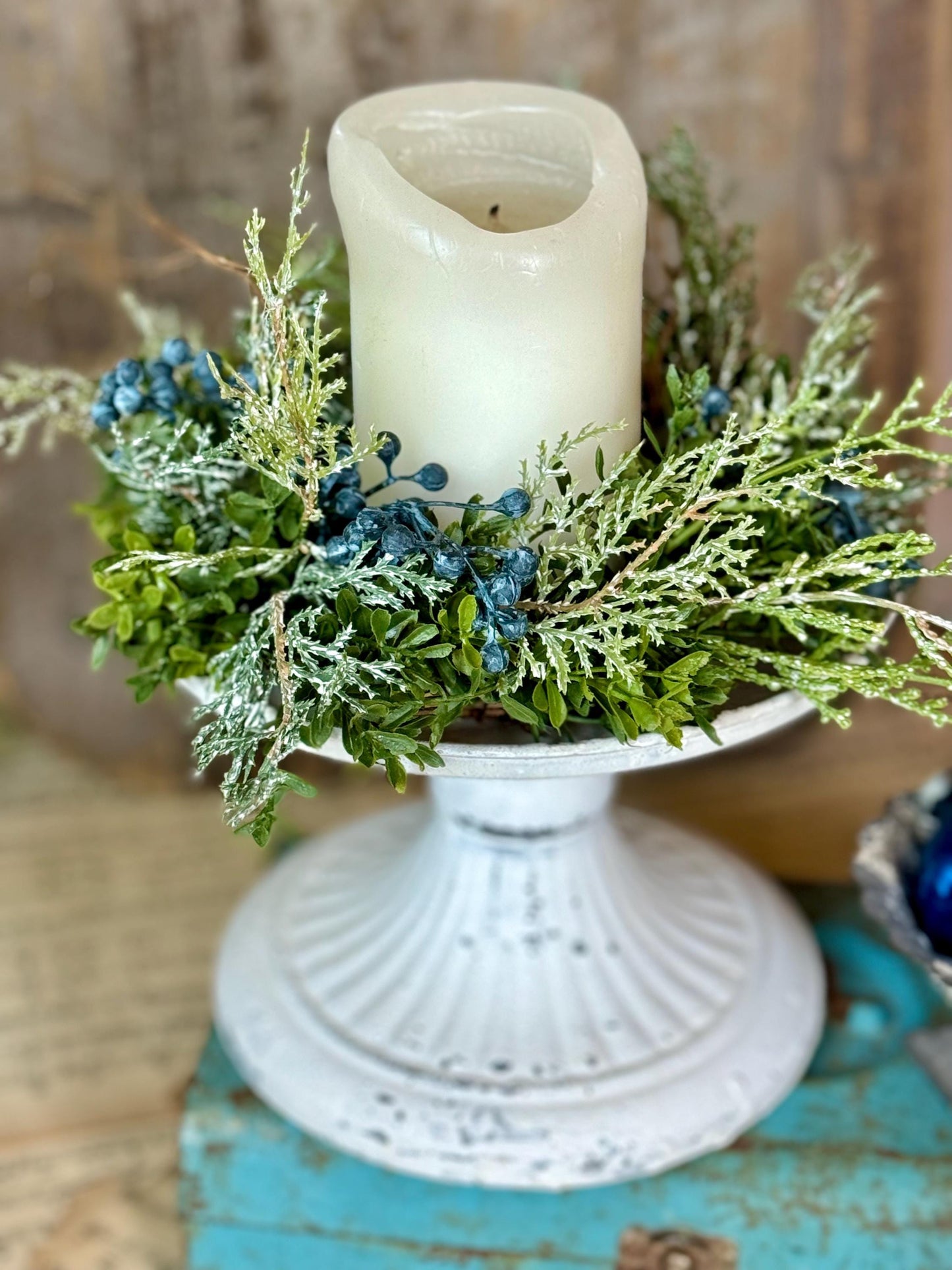 Blue Juniper Kitchen Cabinet Wreath, Blue Winter Candle Wreath, Blue Christmas Decor, Handmade Gift, Table Decorations