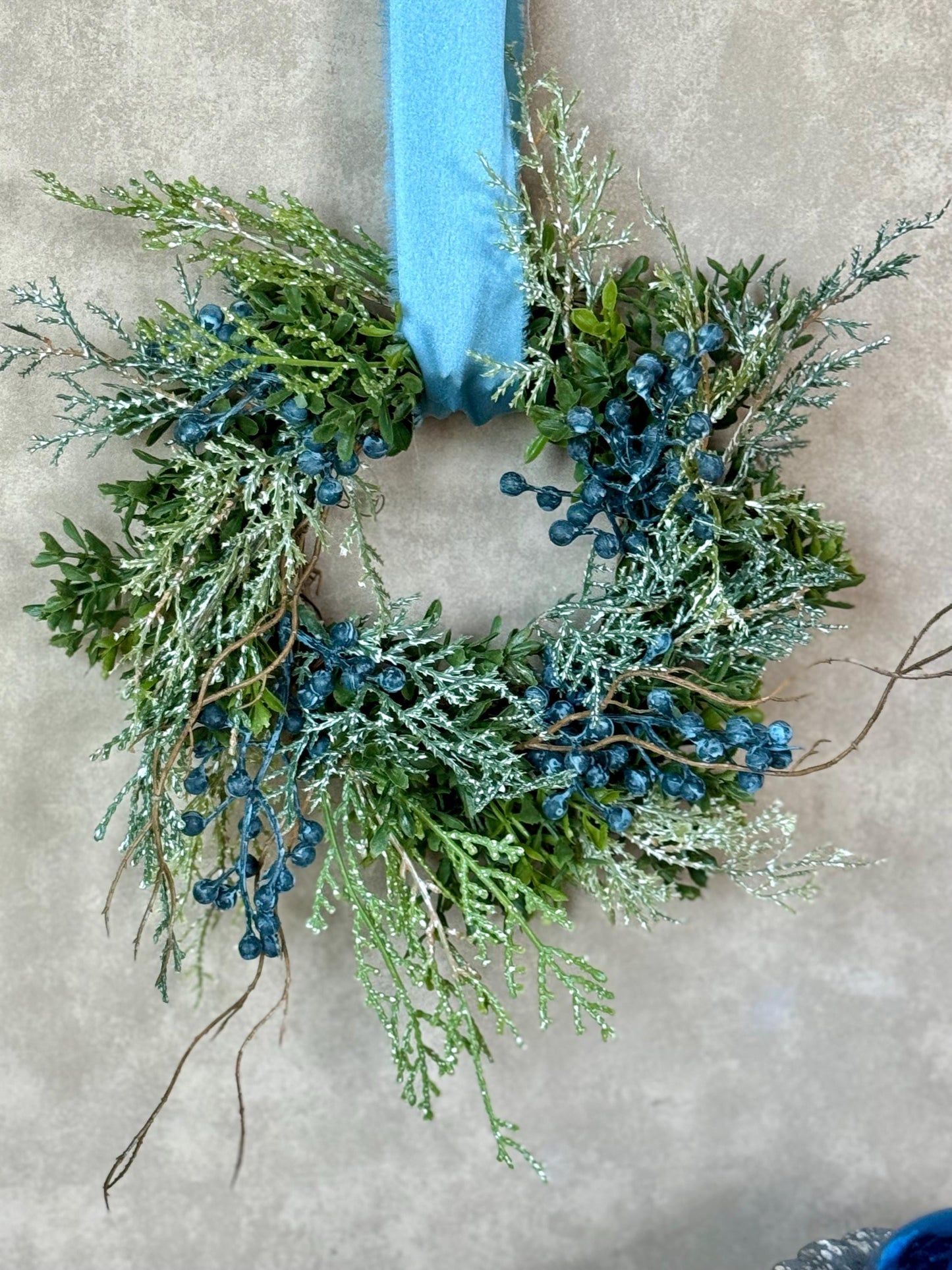 Blue Juniper Christmas Candle Wreath, Blue Candle Wreath, Blue Christmas Decor, Handmade Gift, Table Decorations, Kitchen Cabinet Wreath