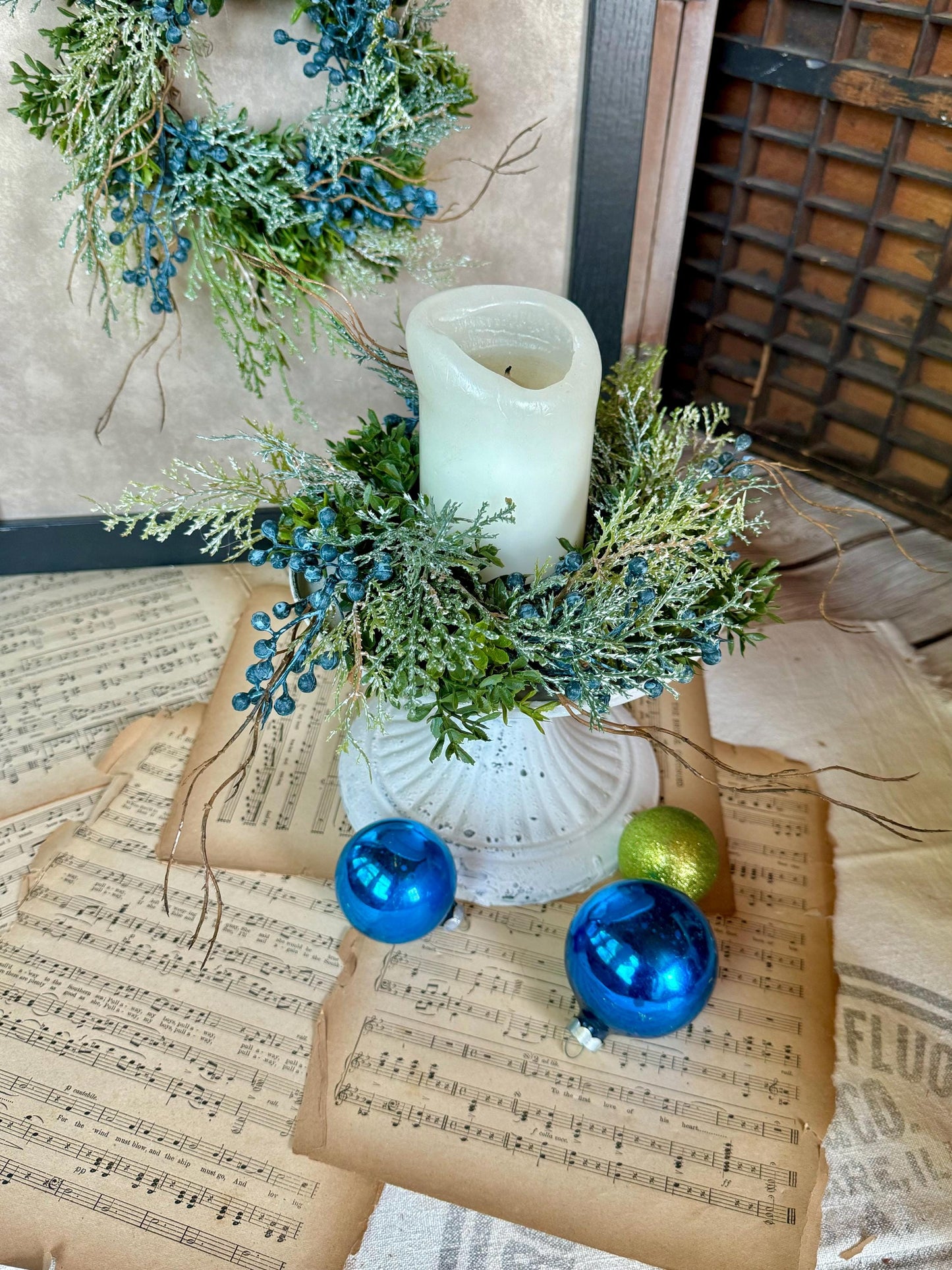 Blue Juniper Christmas Candle Wreath, Blue Candle Wreath, Blue Christmas Decor, Handmade Gift, Table Decorations, Kitchen Cabinet Wreath