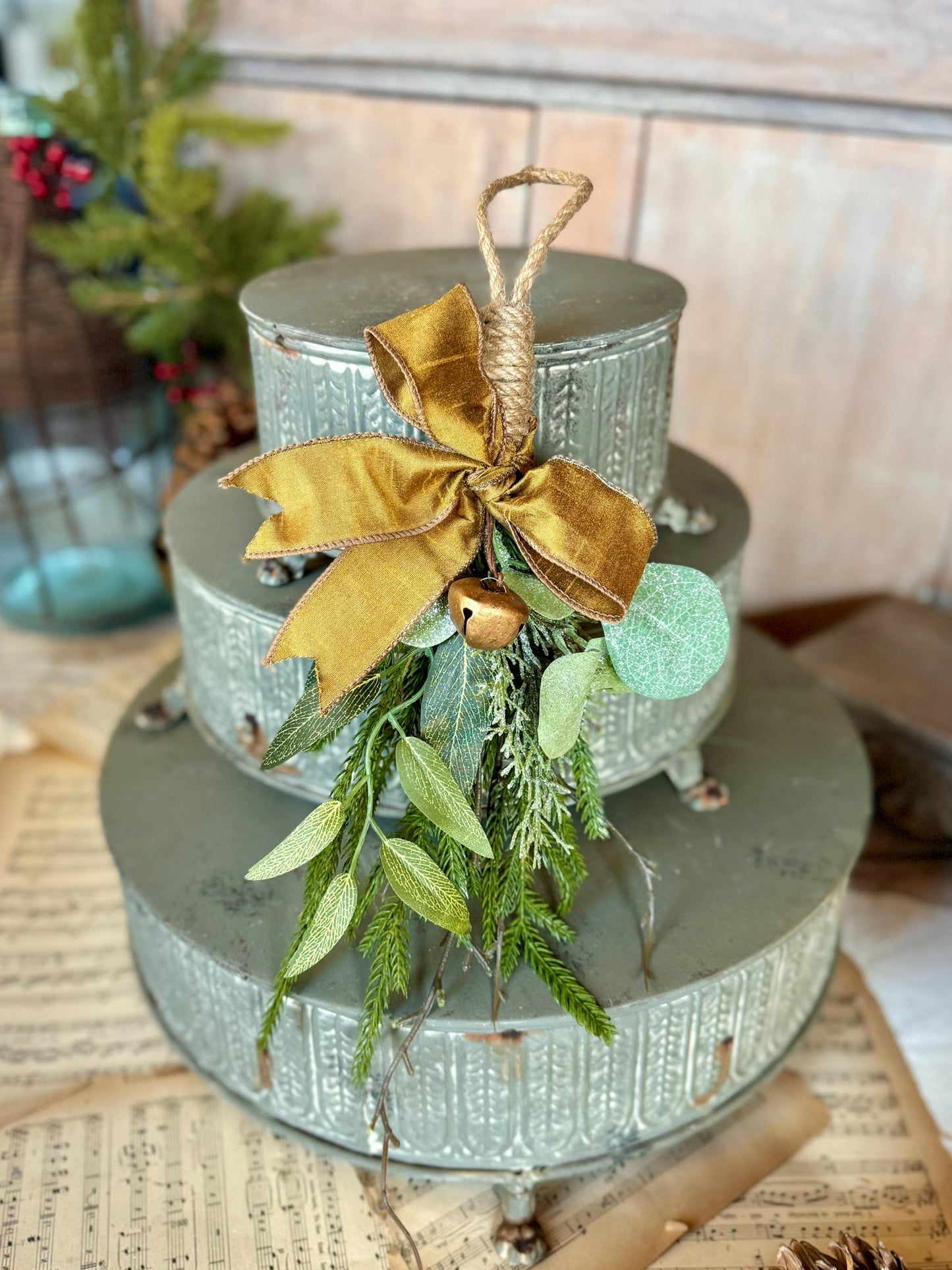 Luxe Gold Mini Christmas Swag with Bells, Mini Lantern Swag, Kitchen Cabinet Decor