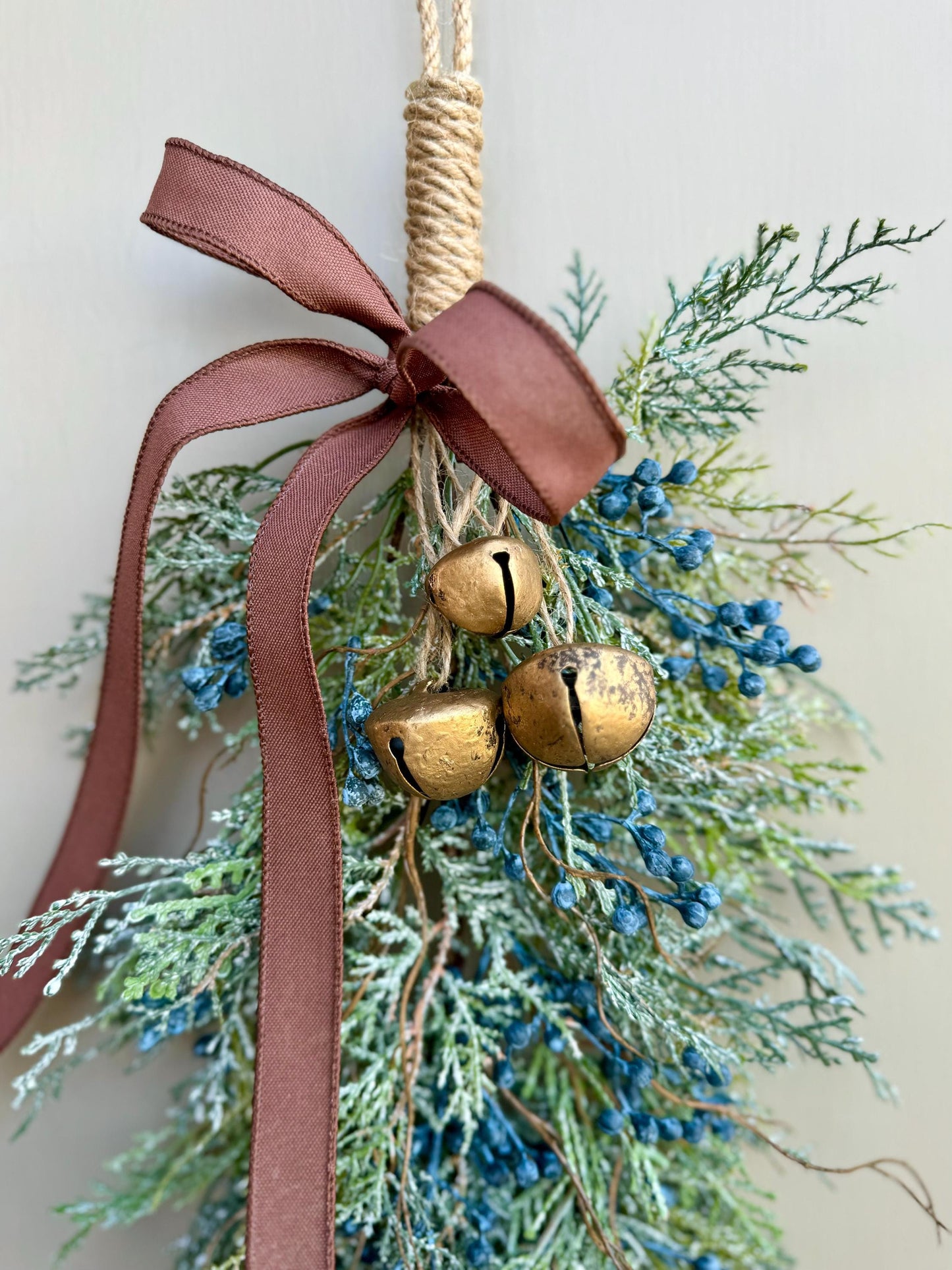 Blue Juniper Swag with Bells, Winter Blue Juniper Chair Back Decor, Blue Mistletoe, Juniper Pine Swag, Kitchen Cabinet Decor