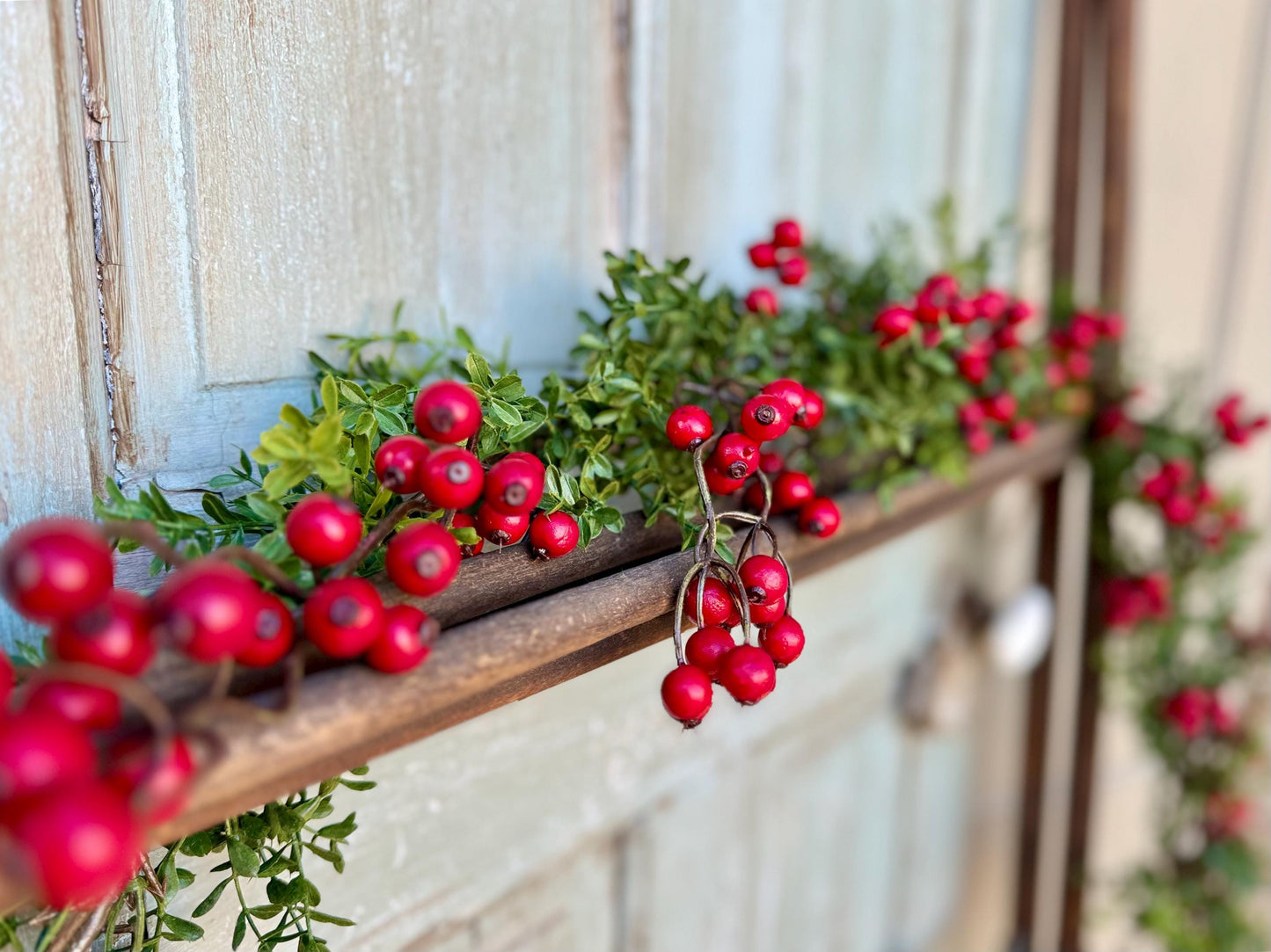 Christmas Boxwood Berry Garland, Christmas Garland, Fireplace Mantle Decor, Kitchen Cabinets Decorations, Tablescape, Dining Room Table