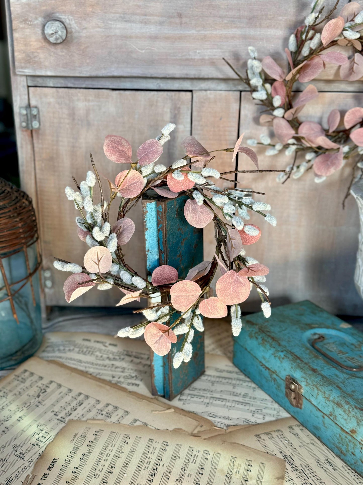 NEW 2025 Mini Pussy Willow Wreath, Pink Candle Wreath, Valentines Day Wreath, Pink Mothers Day Gift, Window Wreath, Mini Wreath
