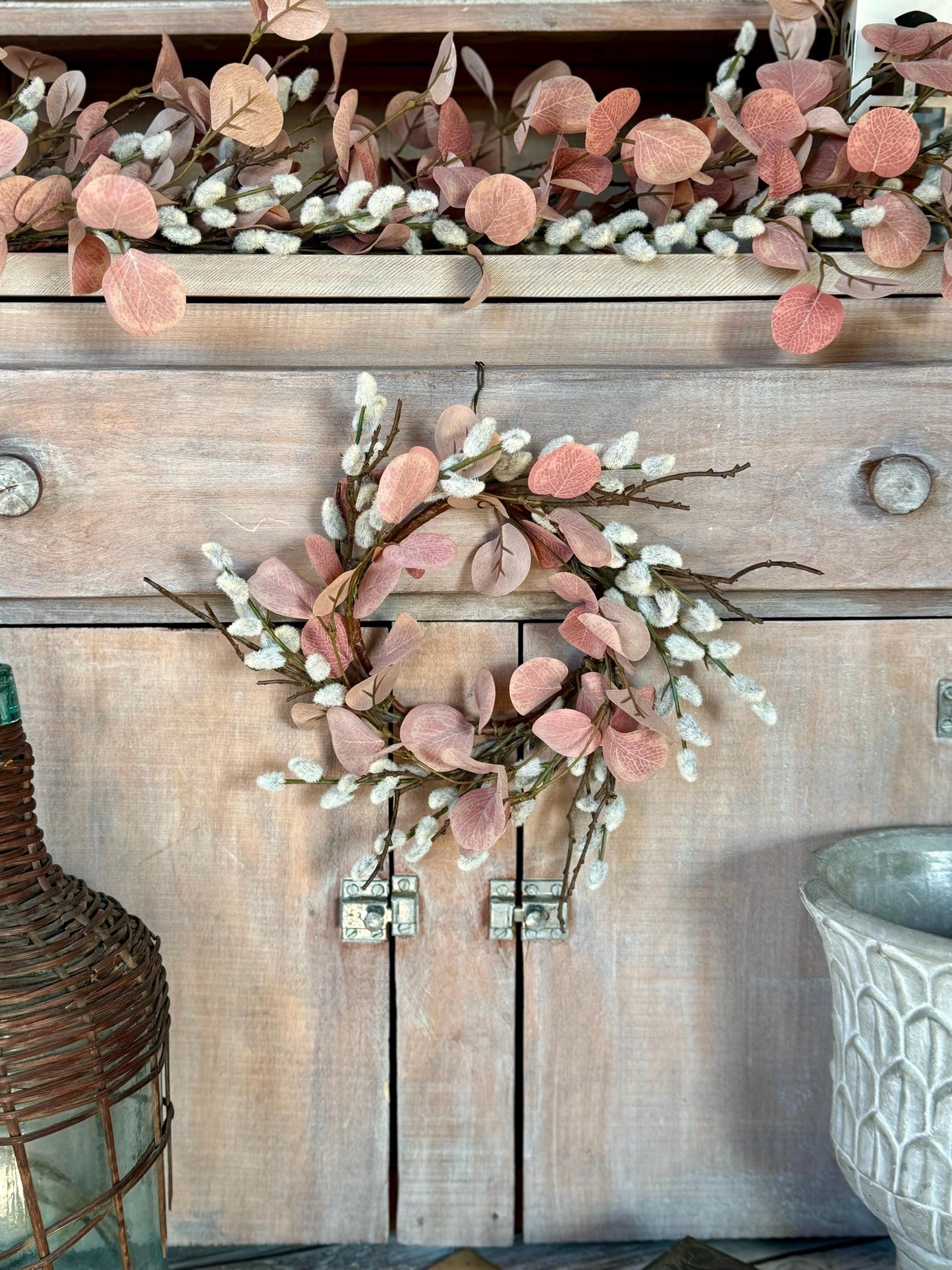 NEW 2025 Mini Pussy Willow Wreath, Pink Candle Wreath, Valentines Day Wreath, Pink Mothers Day Gift, Window Wreath, Mini Wreath