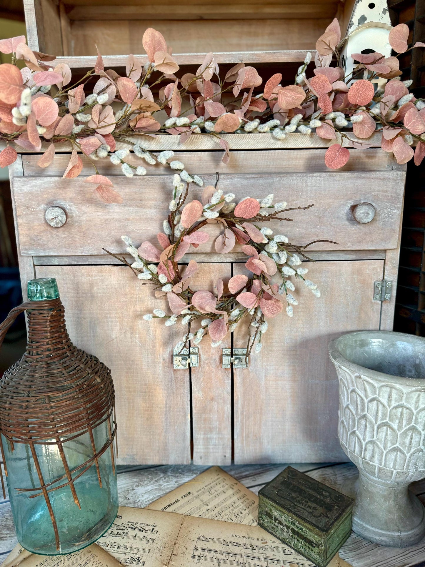 NEW 2025 Mini Pussy Willow Wreath, Pink Candle Wreath, Valentines Day Wreath, Pink Mothers Day Gift, Window Wreath, Mini Wreath