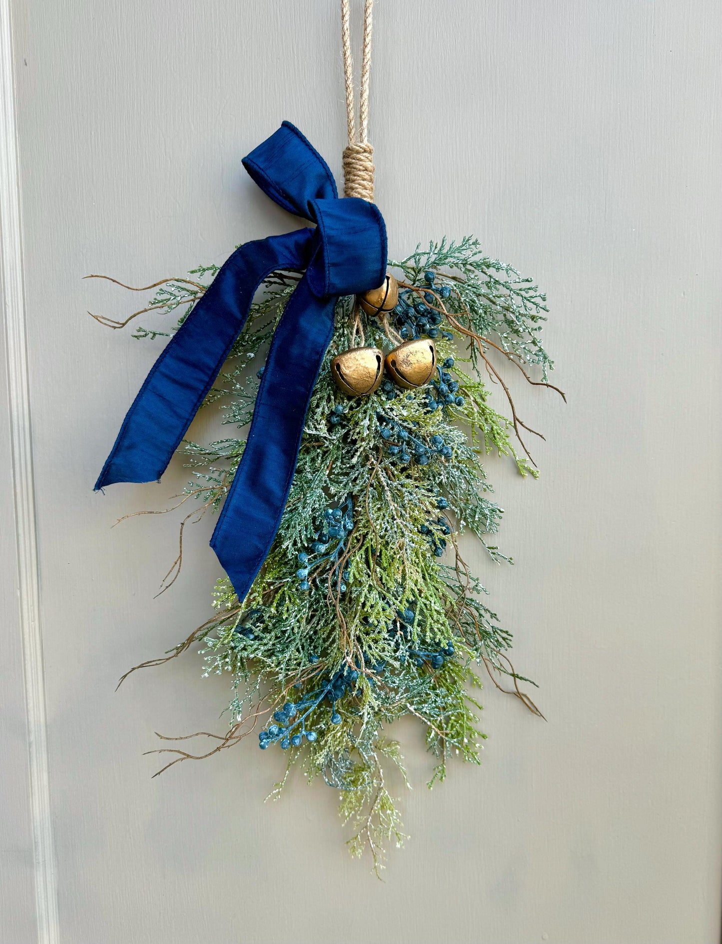 Blue Juniper Swag with Bells, Winter Blue Juniper Chair Back Decor, Blue Mistletoe, Juniper Pine Swag, Kitchen Cabinet Decor