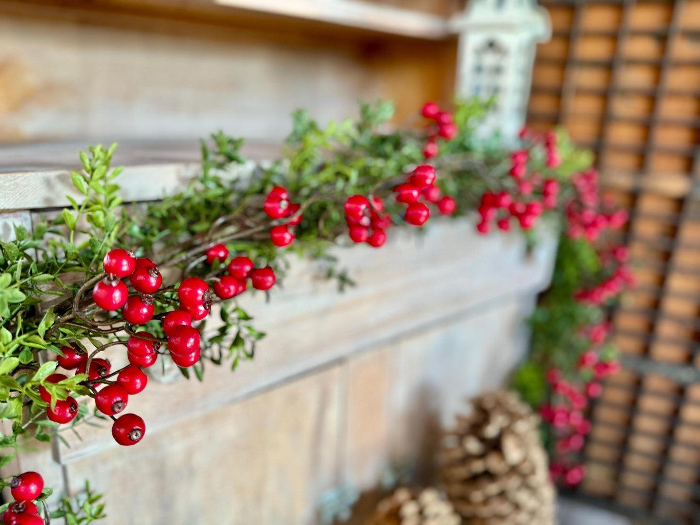 Christmas Boxwood Berry Garland, Christmas Garland, Fireplace Mantle Decor, Kitchen Cabinets Decorations, Tablescape, Dining Room Table