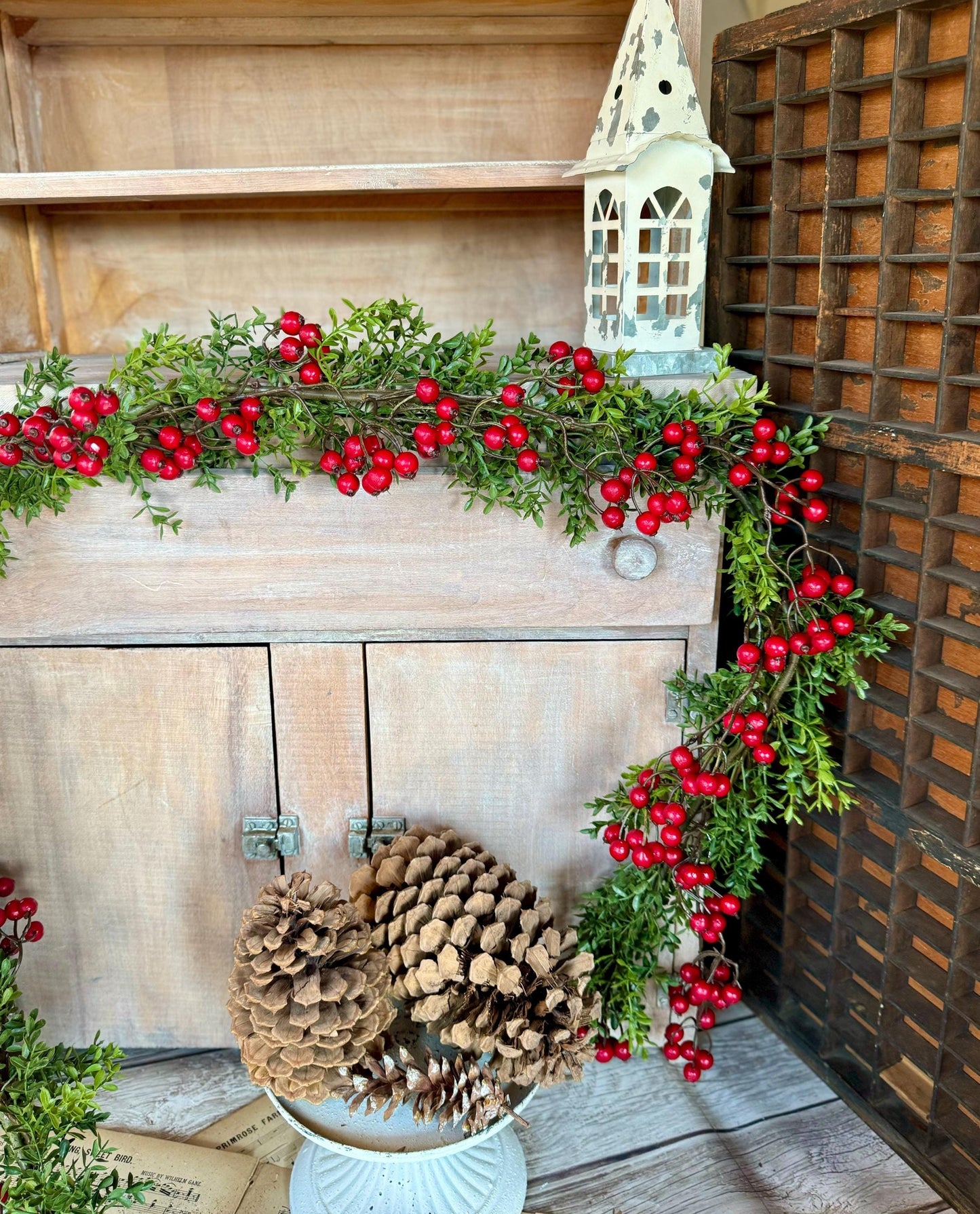 Christmas Boxwood Berry Garland, Christmas Garland, Fireplace Mantle Decor, Kitchen Cabinets Decorations, Tablescape, Dining Room Table