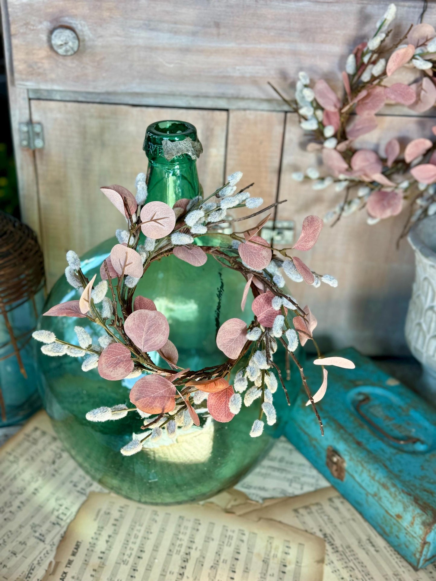 NEW 2025 Mini Pussy Willow Wreath, Pink Candle Wreath, Valentines Day Wreath, Pink Mothers Day Gift, Window Wreath, Mini Wreath