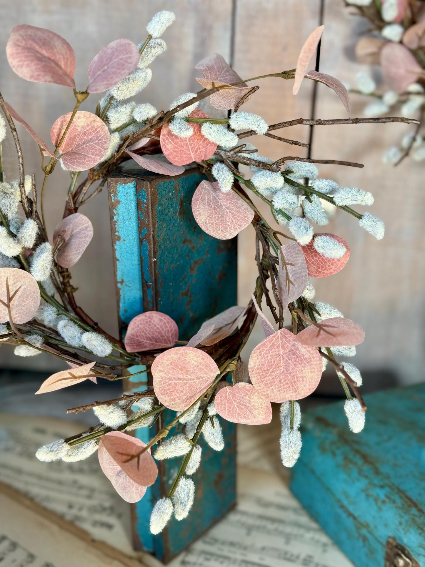 NEW 2025 Mini Pussy Willow Wreath, Pink Candle Wreath, Valentines Day Wreath, Pink Mothers Day Gift, Window Wreath, Mini Wreath
