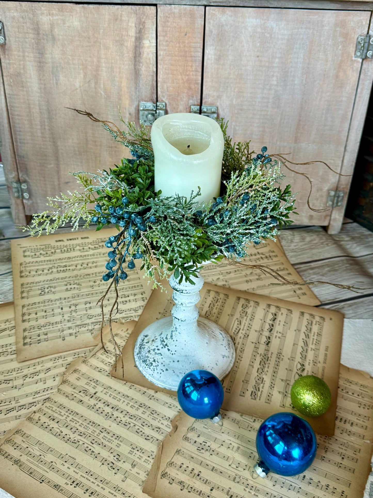 Blue Juniper Winter Candle Wreath, Blue Candle Wreath, Blue Winter Decor, Table Decorations, Kitchen Cabinet Wreath