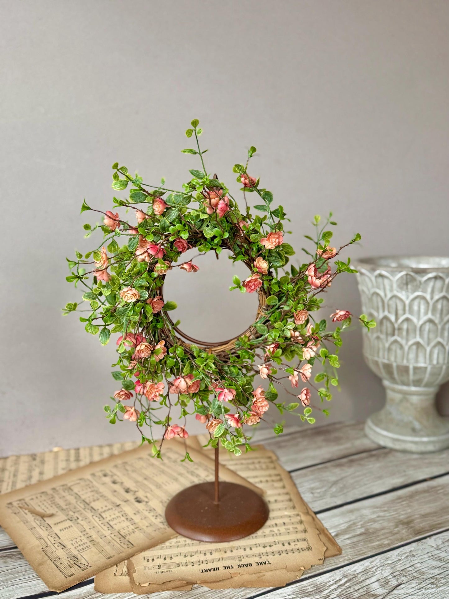 Spring Candle Wreath, Pink Vine Wreath, Summer Wreath, Pink Mini Wreath, Mothers Day Gift, Easter Decor
