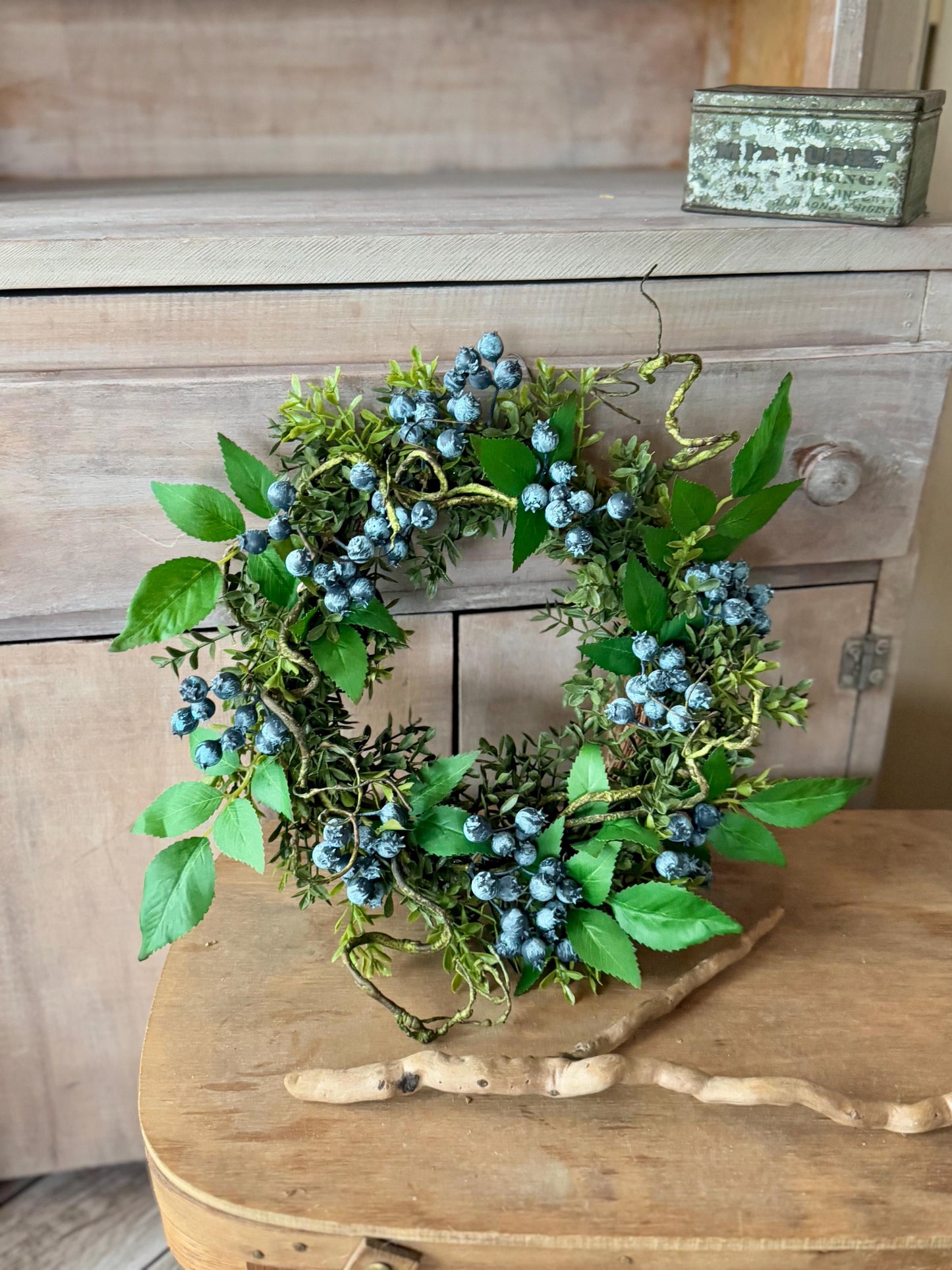 Blueberry and Boxwood Wreath, Farmhouse Berry Boxwood Wreath, Eucalyptus Candle Ring, Kitchen Cabinets, Camper Decor