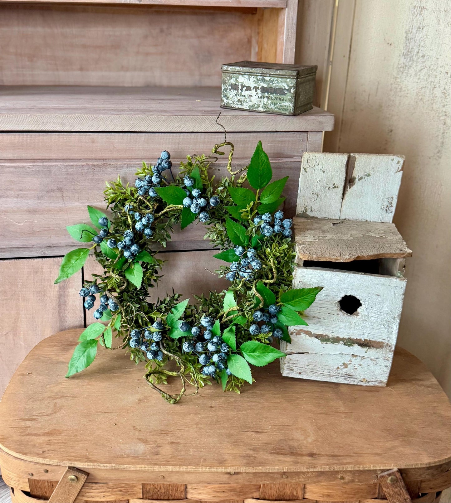 Blueberry and Boxwood Wreath, Farmhouse Berry Boxwood Wreath, Spring Summer Decor, Kitchen Cabinets, Camper Decor, Blue Kitchen, Blue Wreath