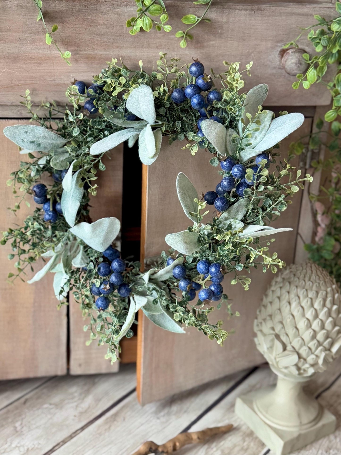 Blueberry Candle Wreath, Mini Kitchen Wreath, Summer Decor, Country Farmhouse, Spring Candle Ring, Blue Wedding Decorations - TLGB