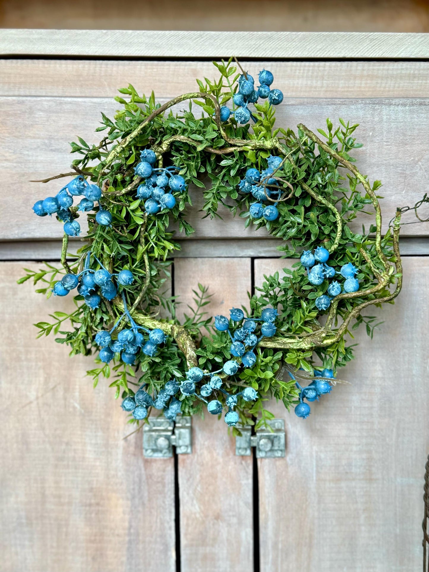 Blueberry and Boxwood Wreath, Farmhouse Berry Boxwood Wreath, Spring Summer Decor, Kitchen Cabinets, Camper Decor, Blue Kitchen, Blue Wreath