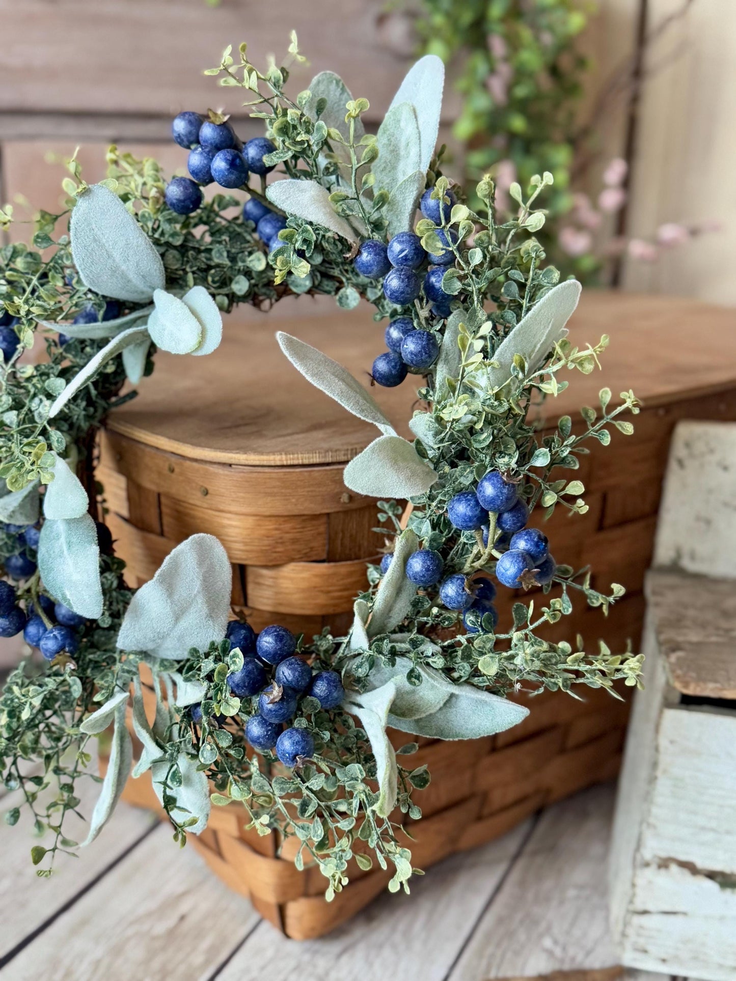 Blueberry Candle Wreath, Mini Kitchen Wreath, Summer Decor, Country Farmhouse, Spring Candle Ring, Blue Wedding Decorations - TLGB