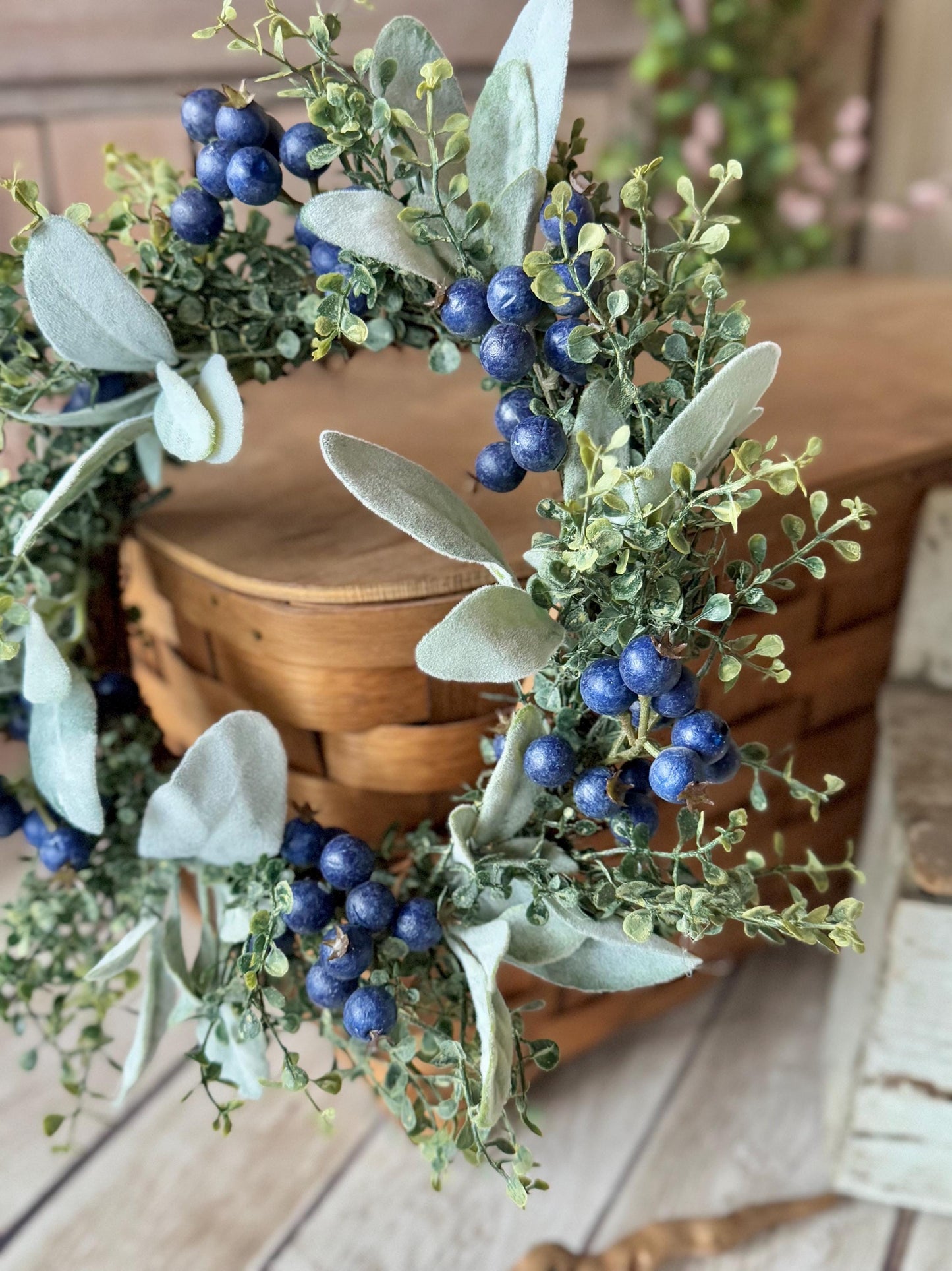 Blueberry Candle Wreath, Mini Kitchen Wreath, Summer Decor, Country Farmhouse, Spring Candle Ring, Blue Wedding Decorations - TLGB