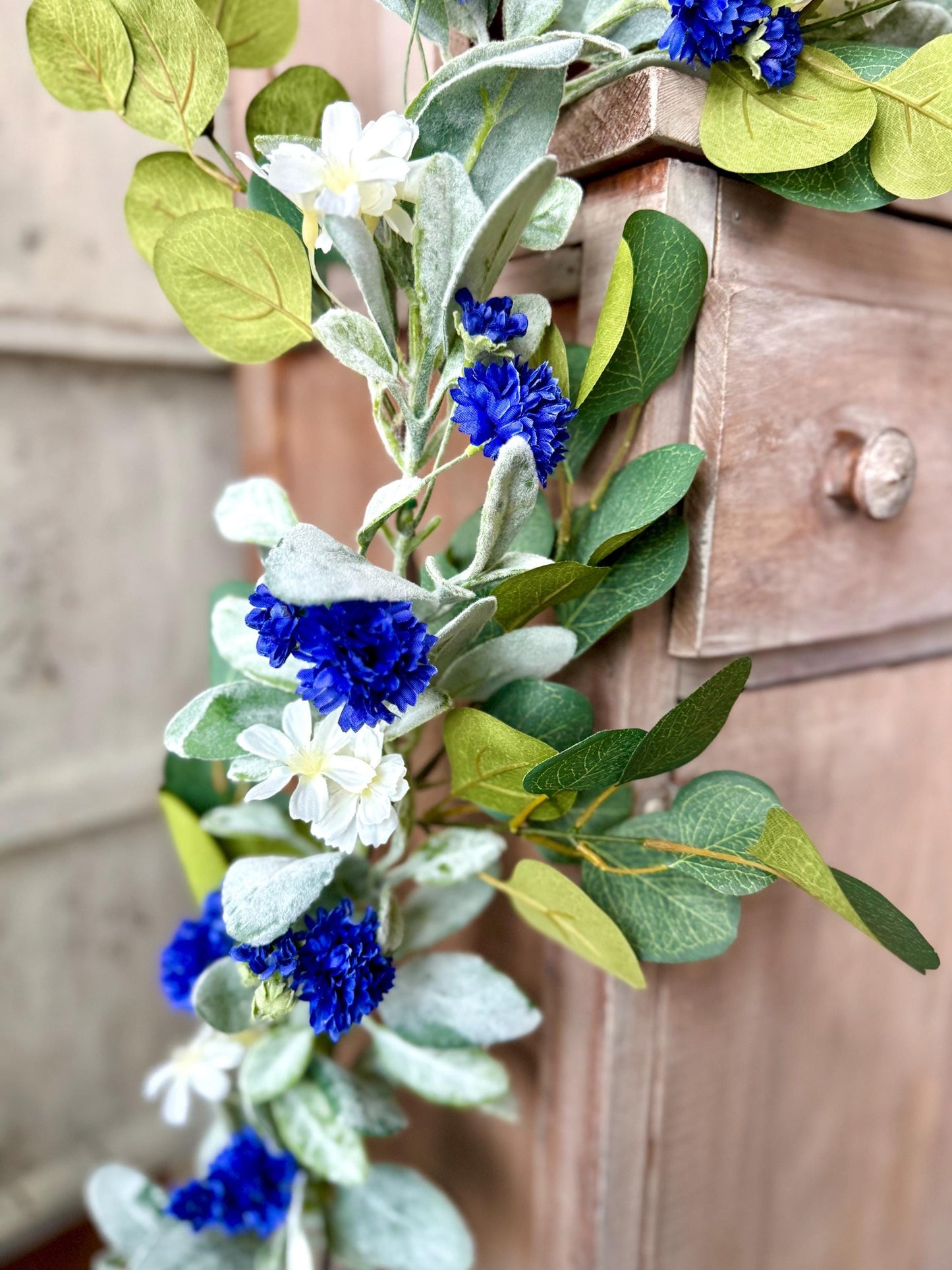 Blue Spring Garland, Blue Lambs Ear Eucalyptus Garland, Garland for Mantle, Easter Garland, Blue Wedding Garland, Batchelor Button Flowers