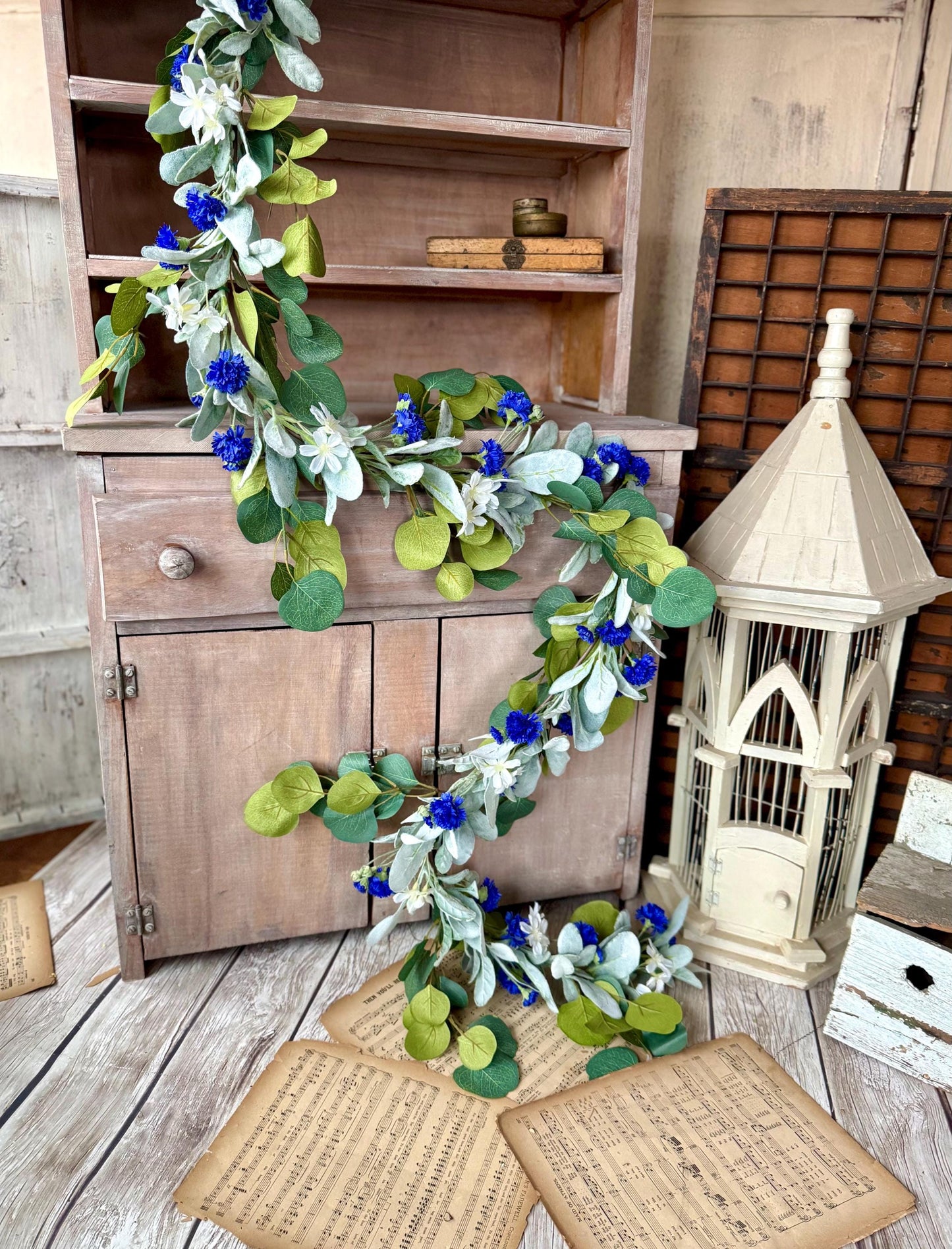 Blue Spring Garland, Blue Lambs Ear Eucalyptus Garland, Garland for Mantle, Easter Garland, Blue Wedding Garland, Batchelor Button Flowers