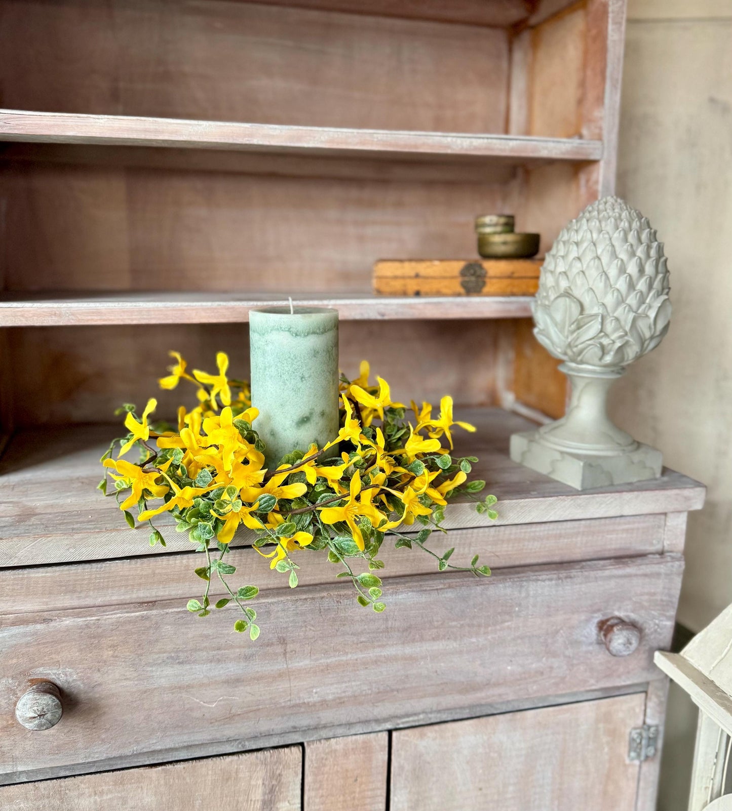 Yellow Forsythia Candle Wreath, Window Wreath, Yellow Kitchen Cabinets Wreath, Gold Chain Spring Wreath Ring, Summer Candle Wreath