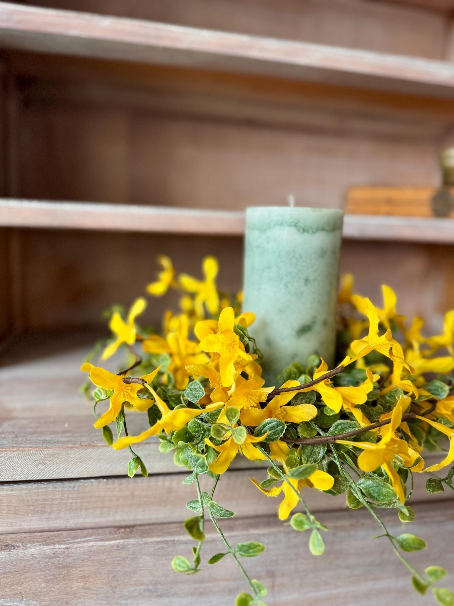 Yellow Forsythia Candle Wreath, Window Wreath, Yellow Kitchen Cabinets Wreath, Gold Chain Spring Wreath Ring, Summer Candle Wreath