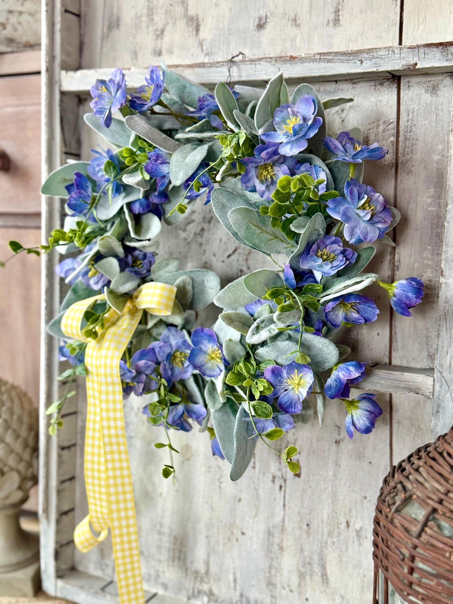 Blue Violet Easter Wreath, Blue Farmhouse Candle Wreath, Window Wreath, Kitchen Cabinets Wreath, Purple Easter Wreath Decor