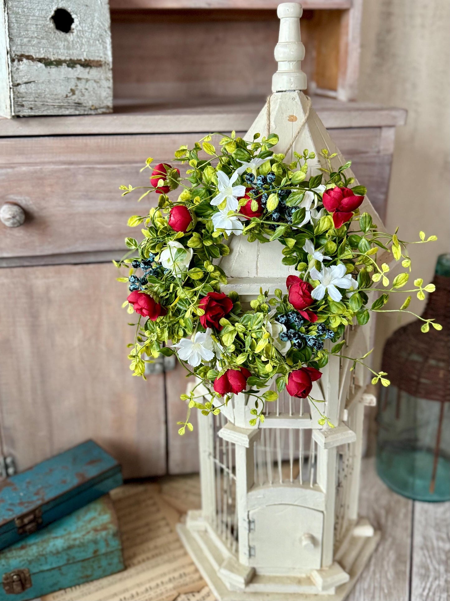 Red White Blue Candle Wreath, Patriotic Decor, Kitchen Cabinet Decor, 4th of July Decorations, Independence Day Wreath, Forth of July