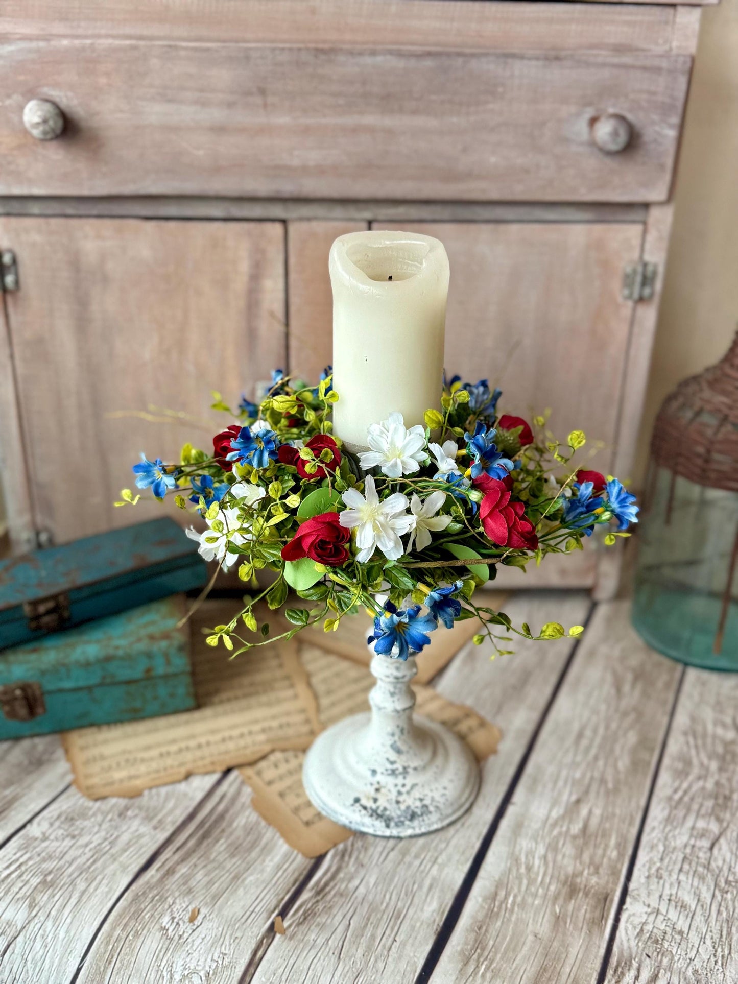 Red White Blue Flower Candle Wreath, Patriotic Decor, Kitchen Cabinet Decor, 4th of July Decorations, Independence Day Wreath, Forth of July