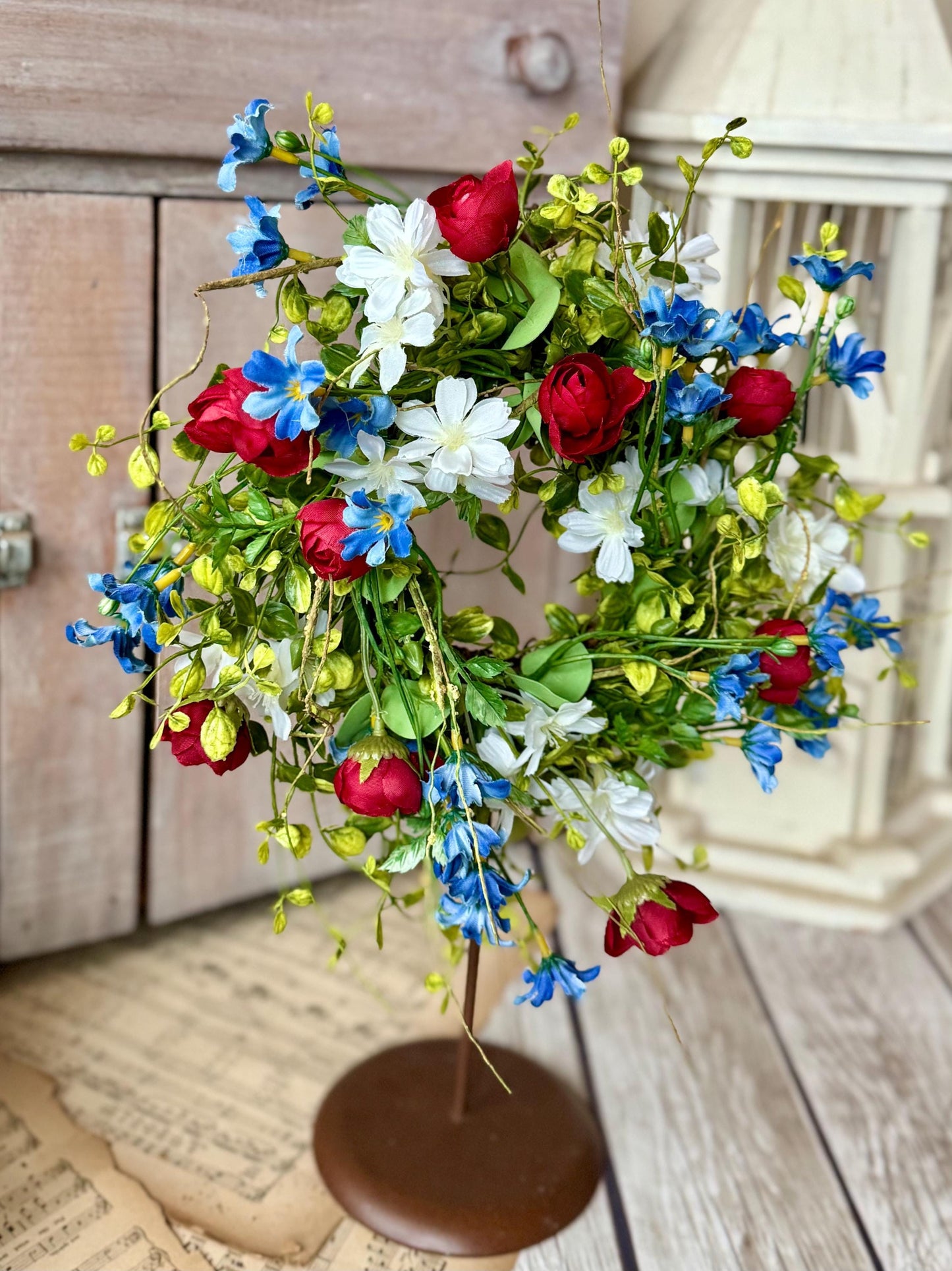 Red White Blue Flower Candle Wreath, Patriotic Decor, Kitchen Cabinet Decor, 4th of July Decorations, Independence Day Wreath, Forth of July