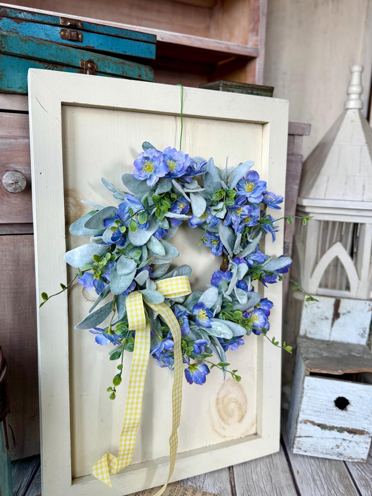 Blue Violet Easter Wreath, Blue Farmhouse Candle Wreath, Window Wreath, Kitchen Cabinets Wreath, Purple Easter Wreath Decor