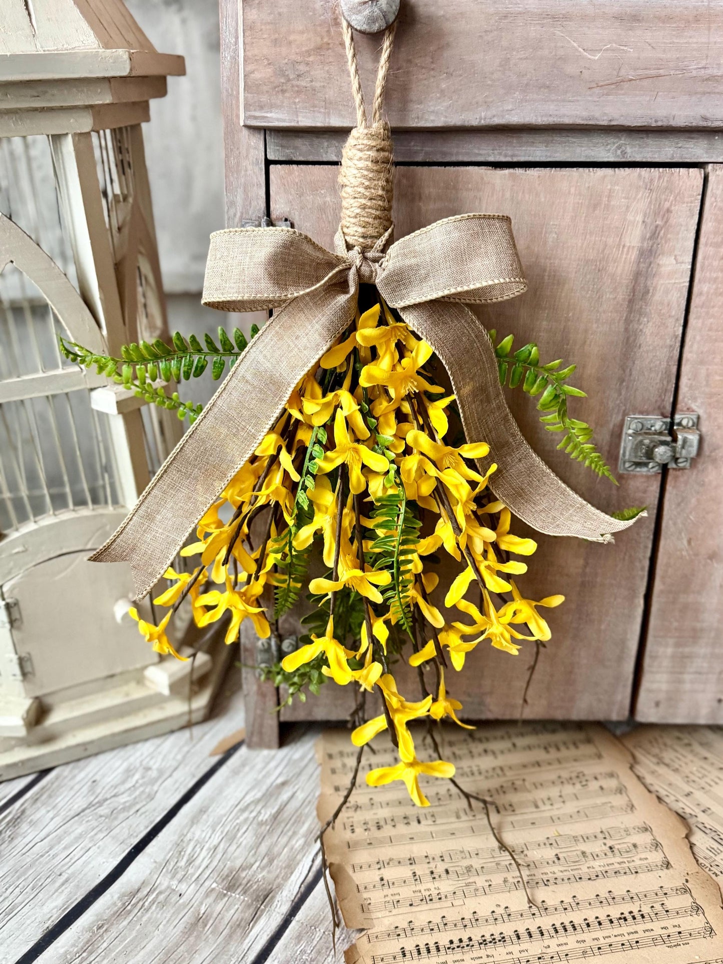 NEW 2025! Mini Forsythia Swag Wreath, Yellow Spring Swag, Yellow Floral Door Swag, Fern Wreath, Mothers Day Swag, Wildflower Decor
