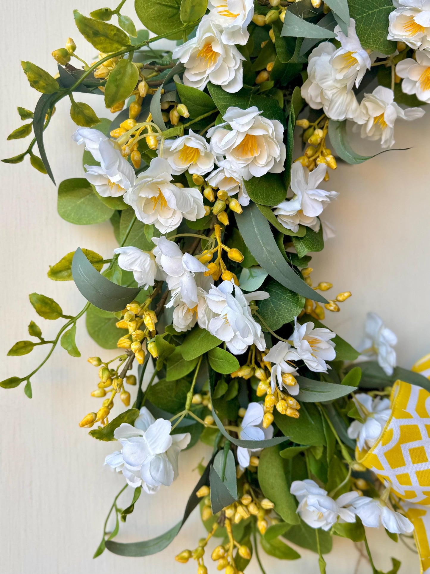 NEW 2025! White Yellow Cherry Blossom Wreath, Yellow Summer Wreath for Door, Yellow Easter Wreath, White Yellow Mothers Day Wreath