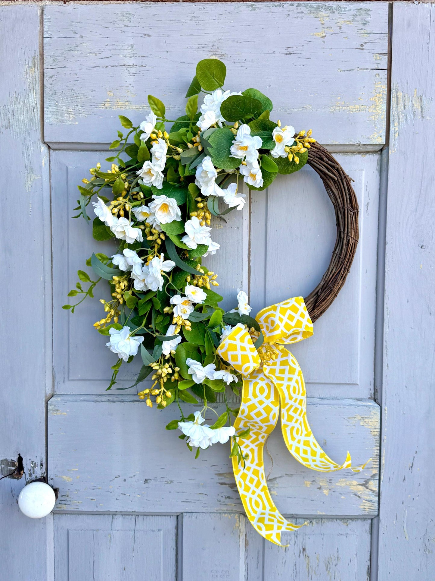 NEW 2025! White Yellow Cherry Blossom Wreath, Yellow Summer Wreath for Door, Yellow Easter Wreath, White Yellow Mothers Day Wreath
