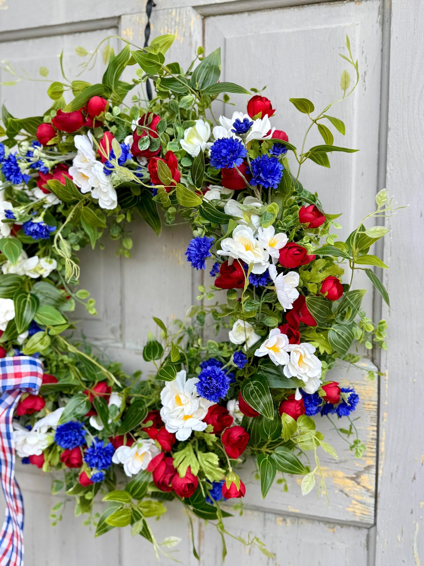 Fourth of July Wreath, Red White Blue Flower Wreath, Patriotic Wreath for Front Door, Independence Day Decor, Summer Wreath