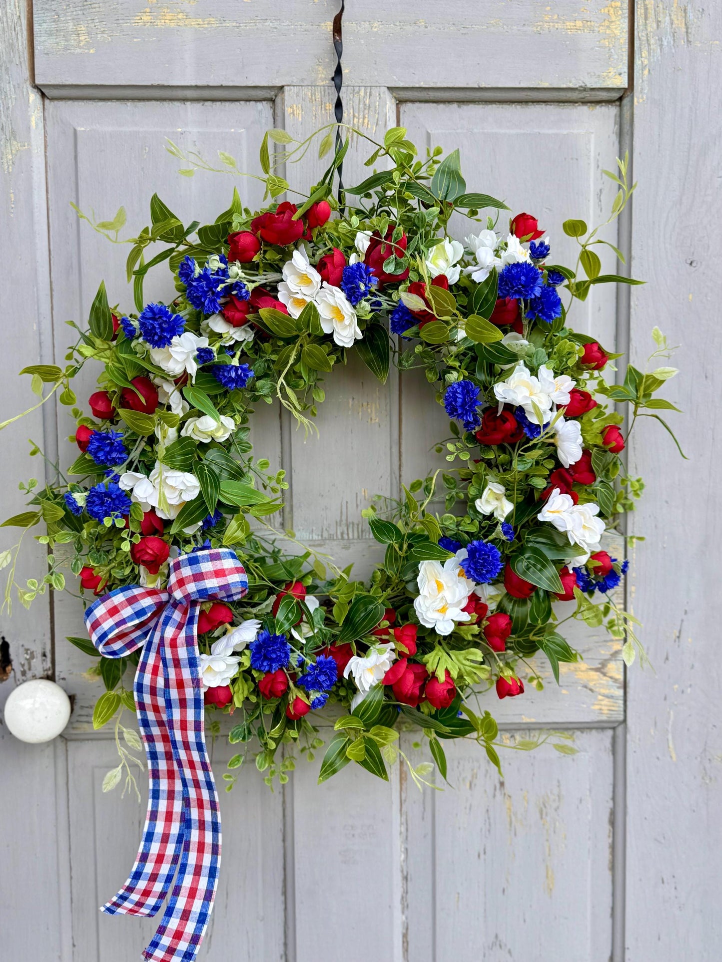 Fourth of July Wreath, Red White Blue Flower Wreath, Patriotic Wreath for Front Door, Independence Day Decor, Summer Wreath