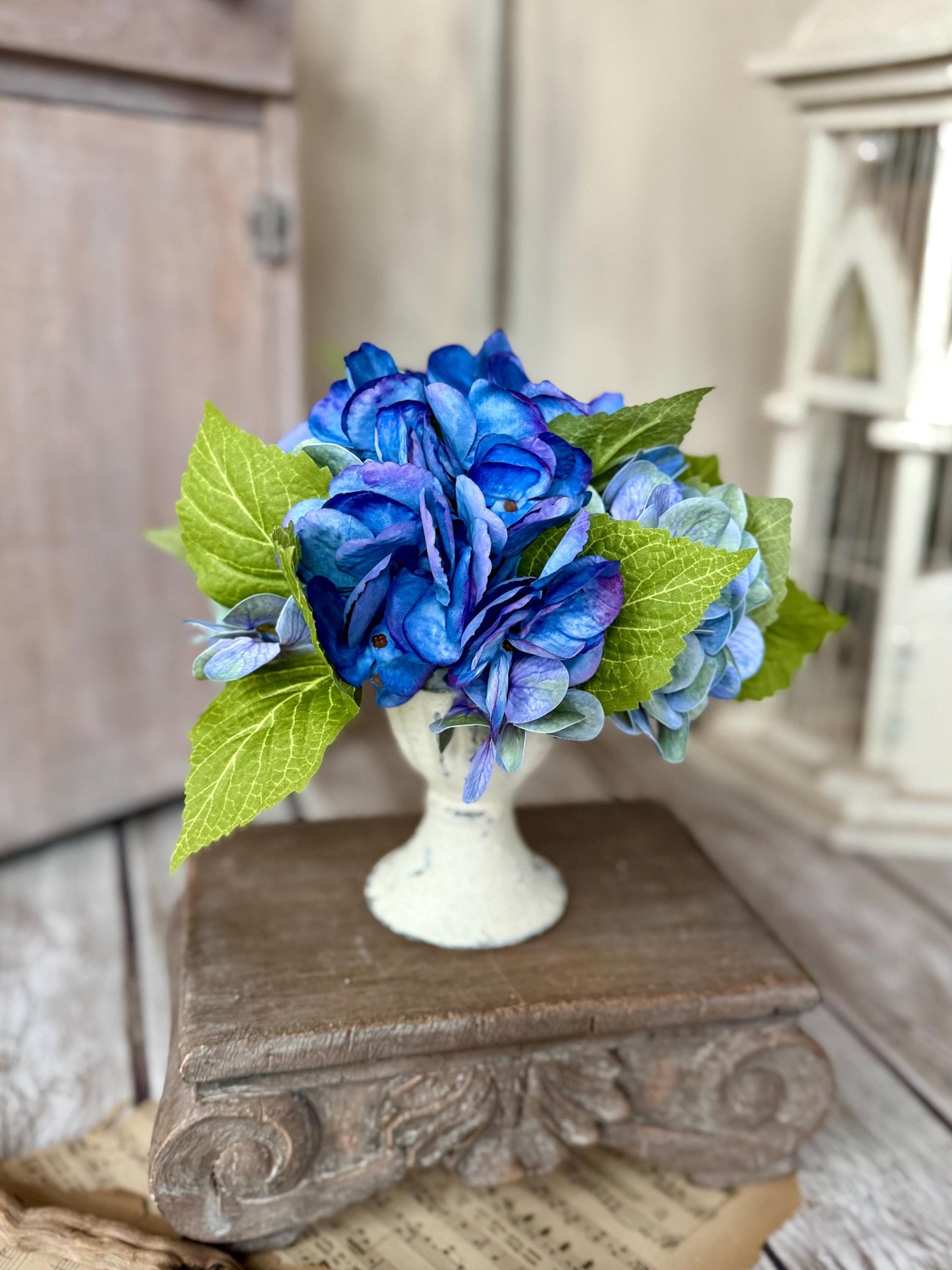Blue Hydrangea Arrangement, Mothers Day Gift, French Country Spring Arrangement, Nursing Home Decor, Summer Blue Hydrangea Decor