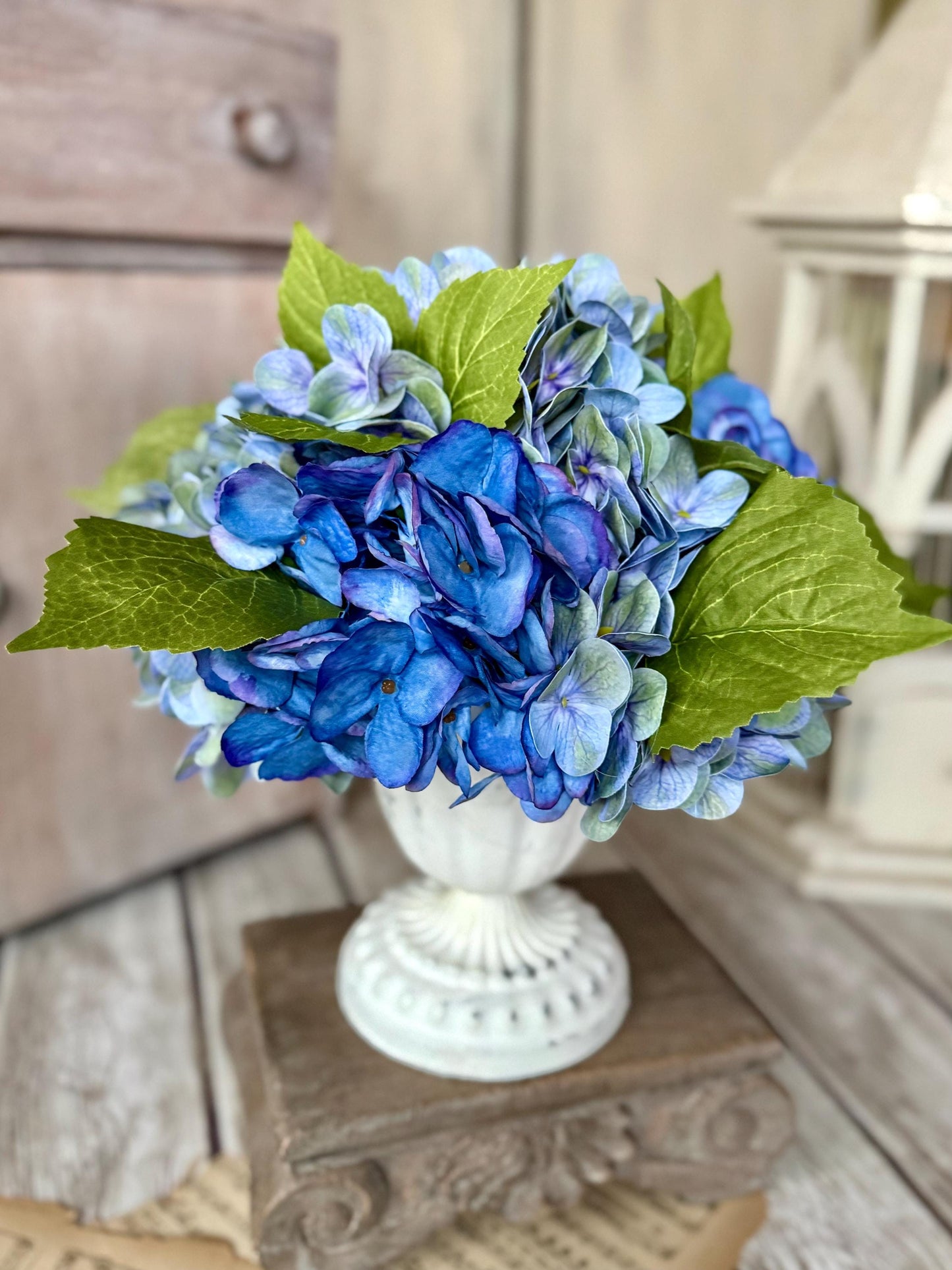 Blue Hydrangea Arrangement, Mothers Day Gift, French Country Spring Arrangement, Nursing Home Decor, Summer Blue Hydrangea Decor