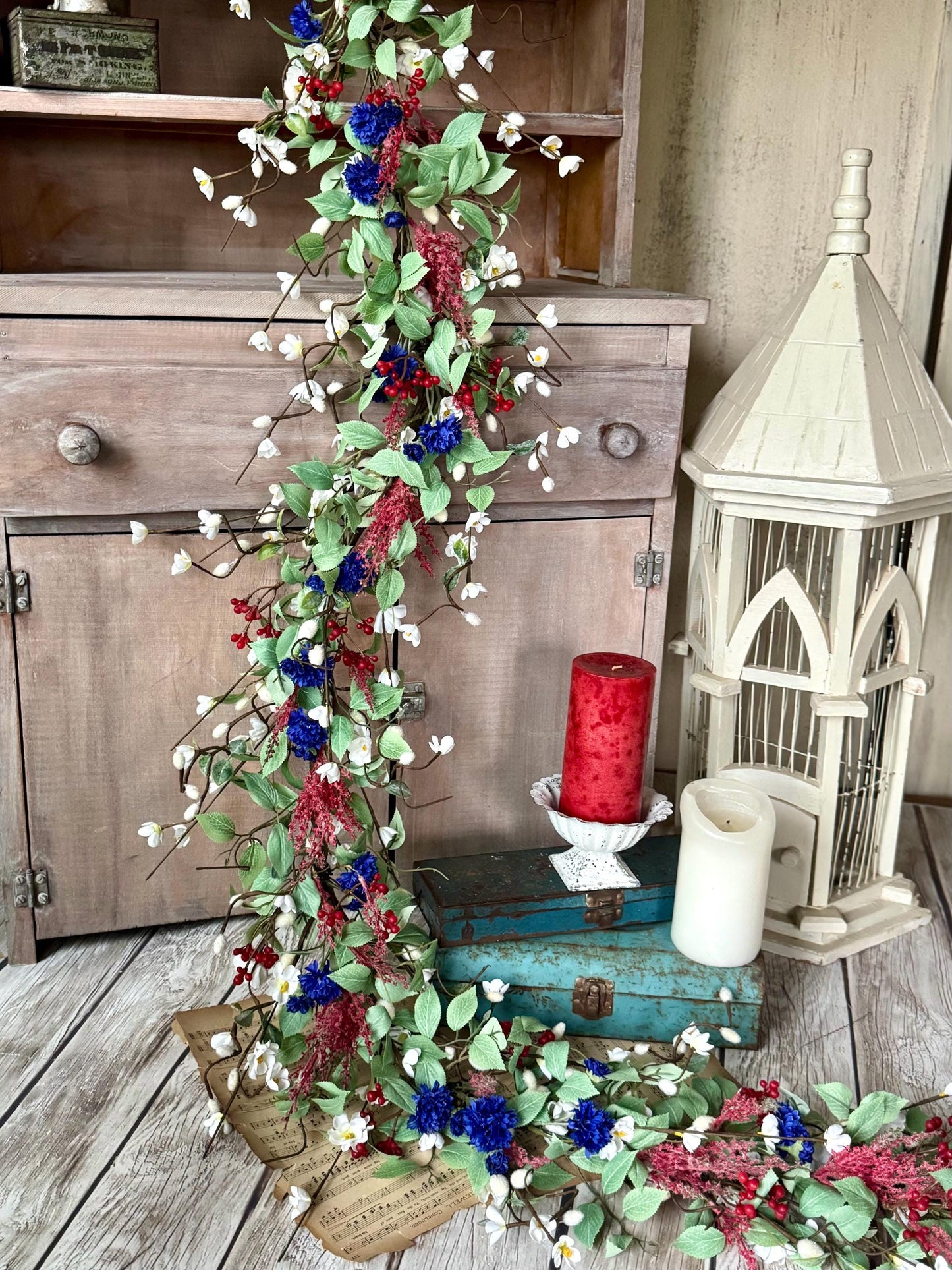 Patriotic Garland, Red White Blue Garland, Fourth of July Decor, Independence Day Garland, Garland for Mantle