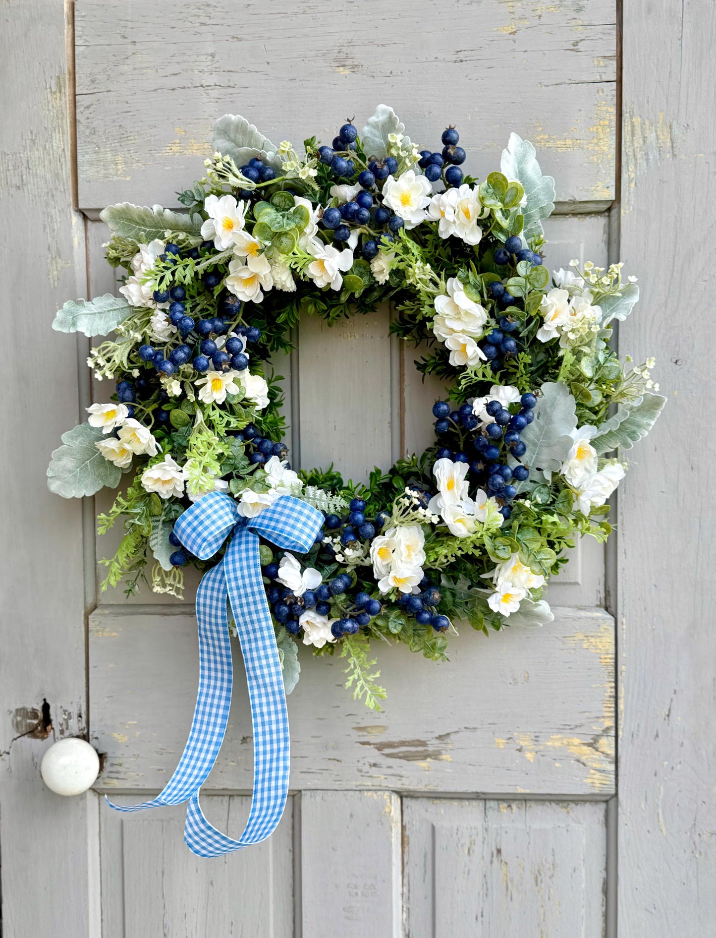 Summer Wreath for a Front Door, Blueberry Wreath, Porch Wreath, Farmhouse Decorations, Wildflower Wedding Decor, Blue and White Decor