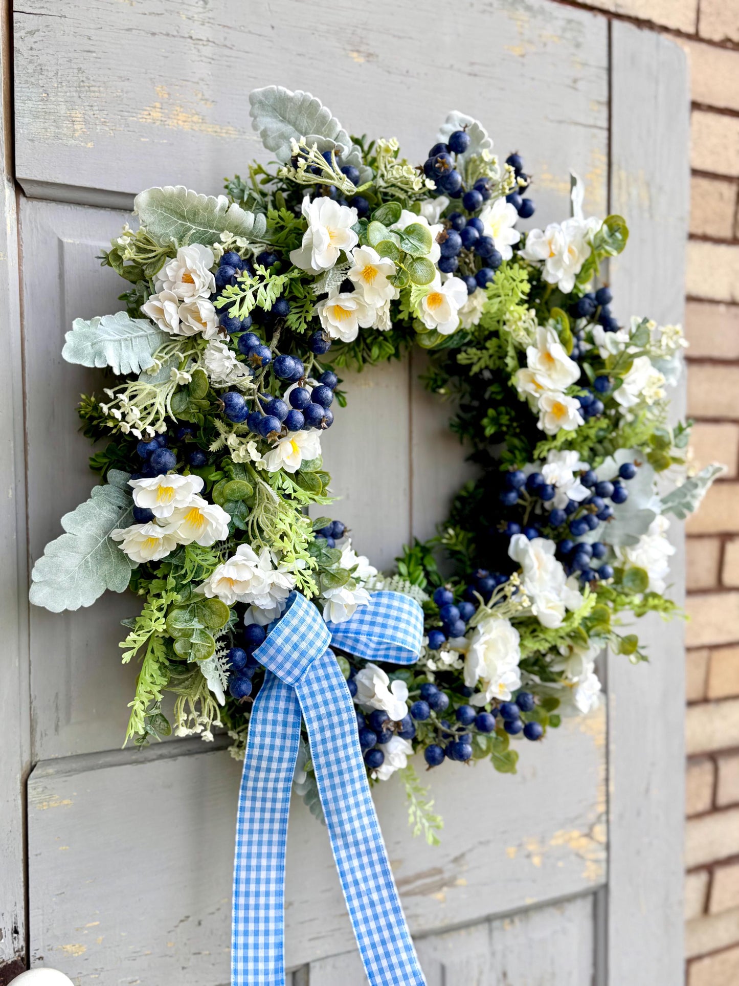 Summer Wreath for a Front Door, Blueberry Wreath, Porch Wreath, Farmhouse Decorations, Wildflower Wedding Decor, Blue and White Decor